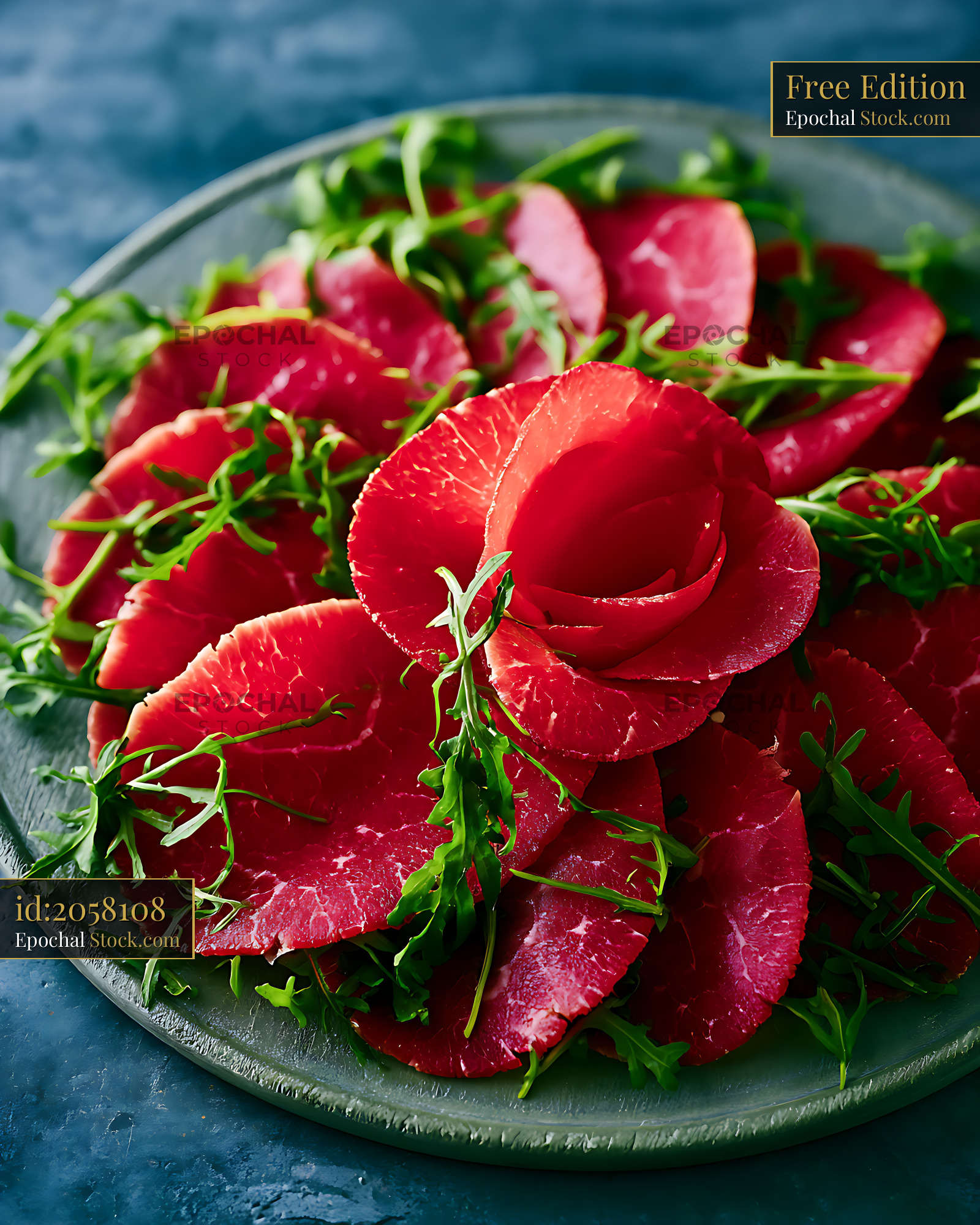 Thinly sliced bresaola della valtellina with fresh arugula on a plate - stock photo