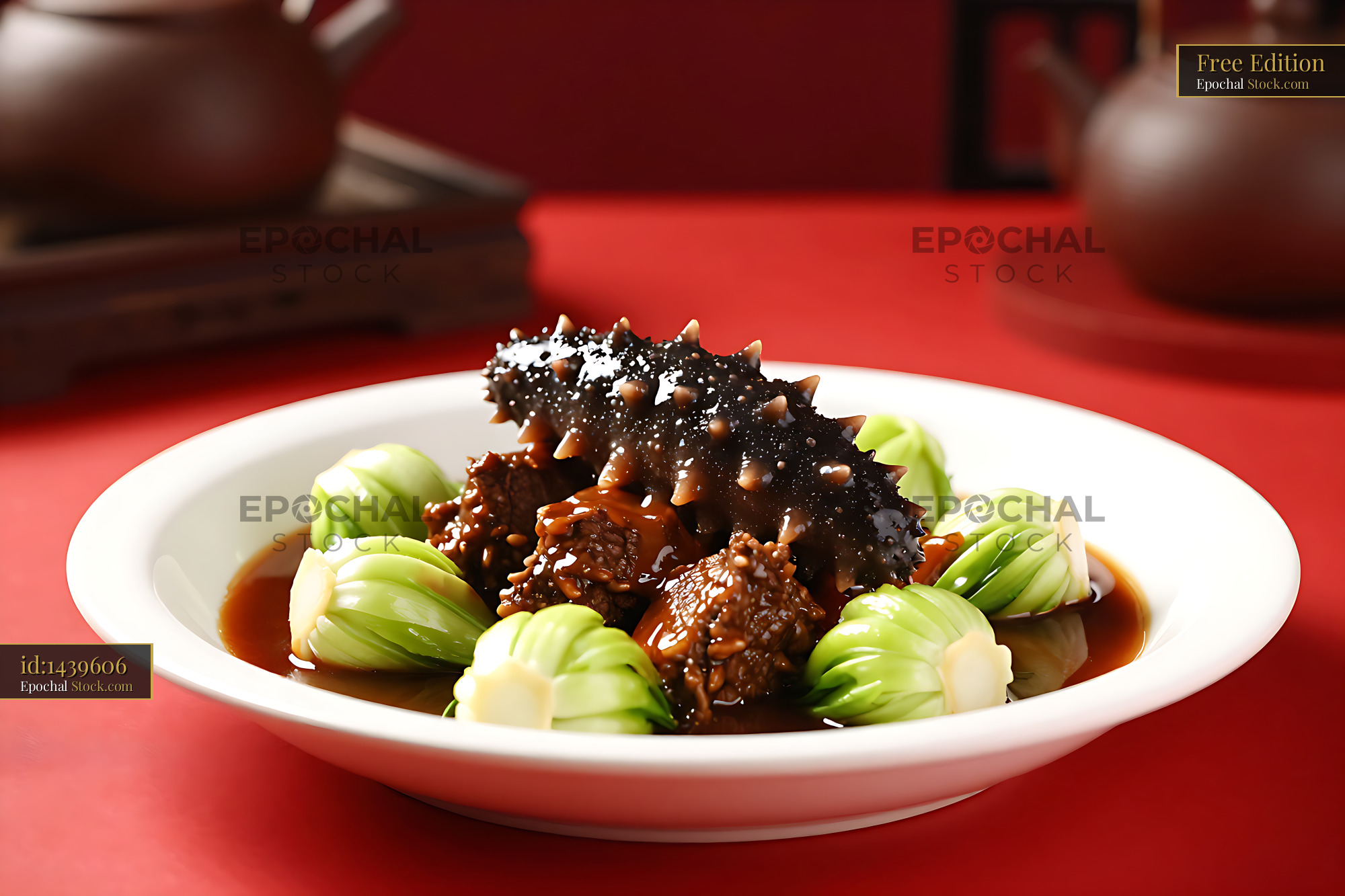 Braised beef and sea cucumber imperial with bok choy on a red table - stock photo