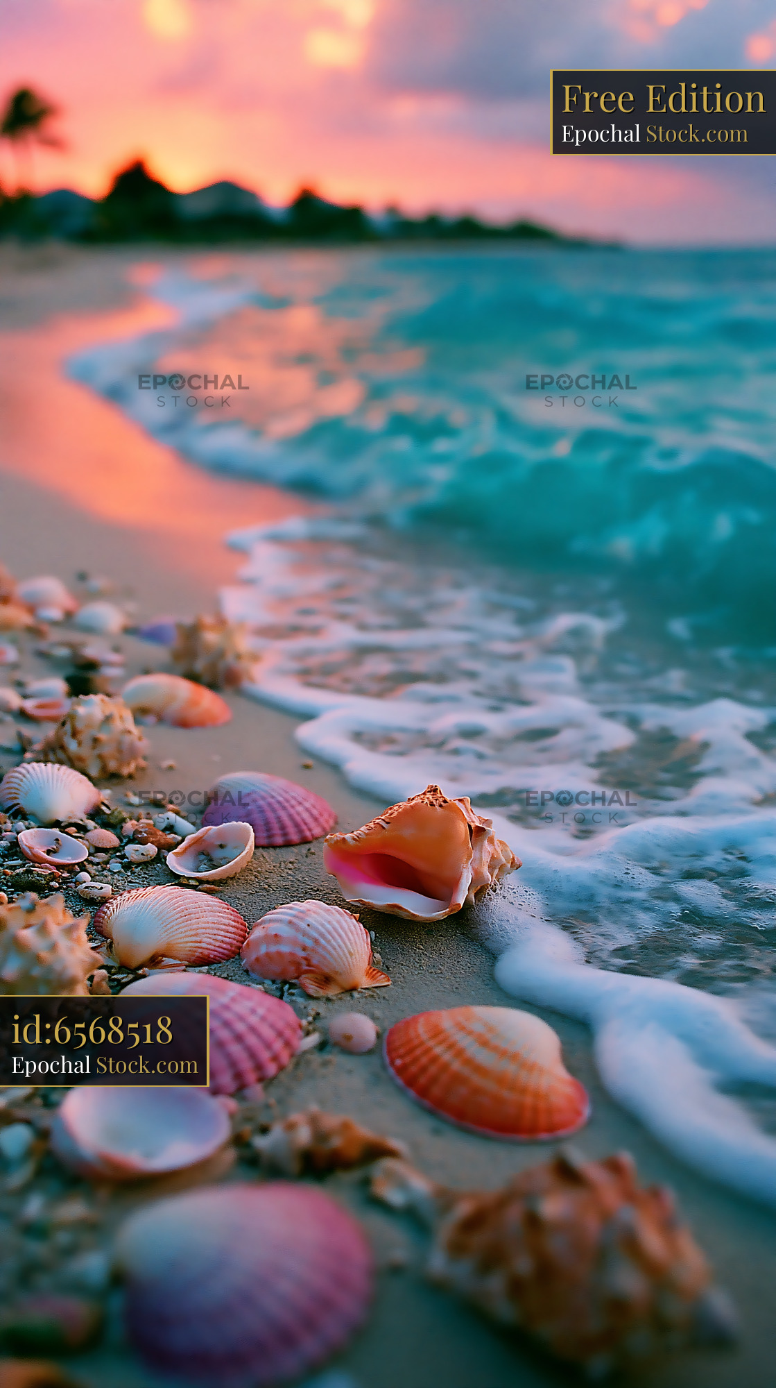 Colorful seashells on a sandy beach at sunset with ocean waves