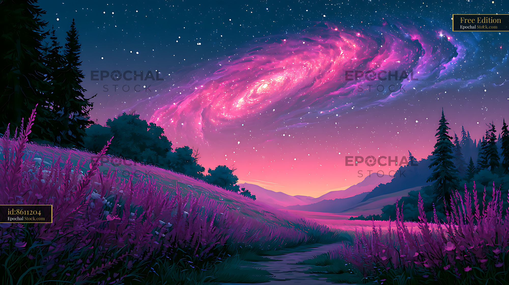 Vibrant pink galactic core over a wild meadow at night