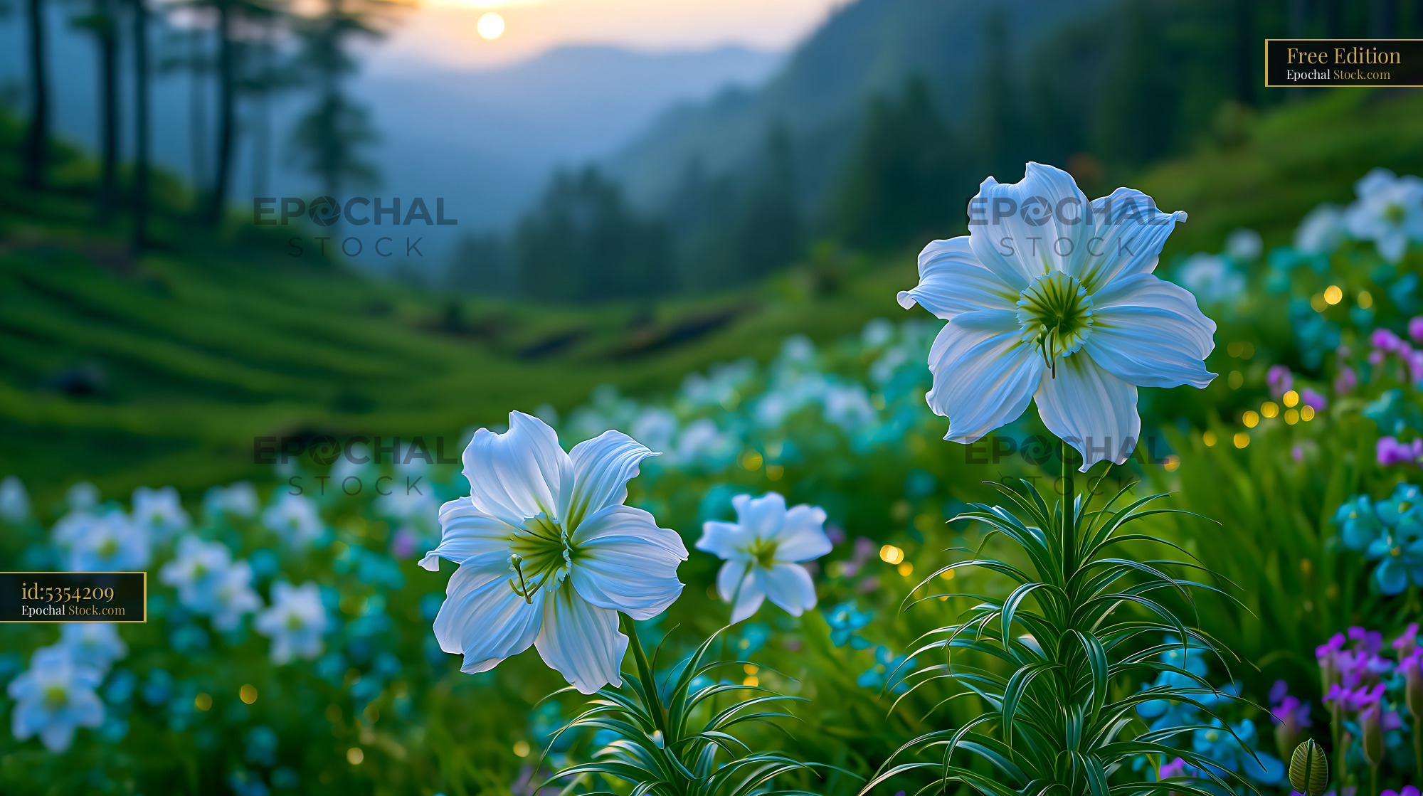 White cempasuchil marigold flowers in a mountain meadow at sunset - stock photo