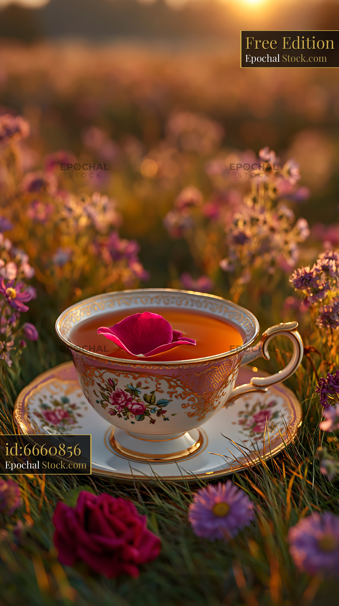 Vintage tea cup with rose petal in a sunlit flower meadow at sunset