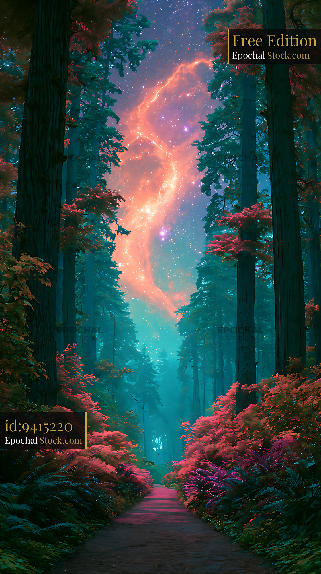 Path through a cedar forest leading toward a vibrant galactic core - stock photo