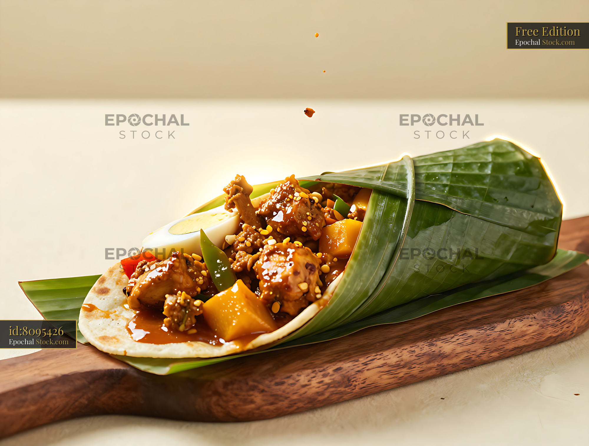 Sri Lankan kottu roti roll wrapped in banana leaf on wooden board - stock photo