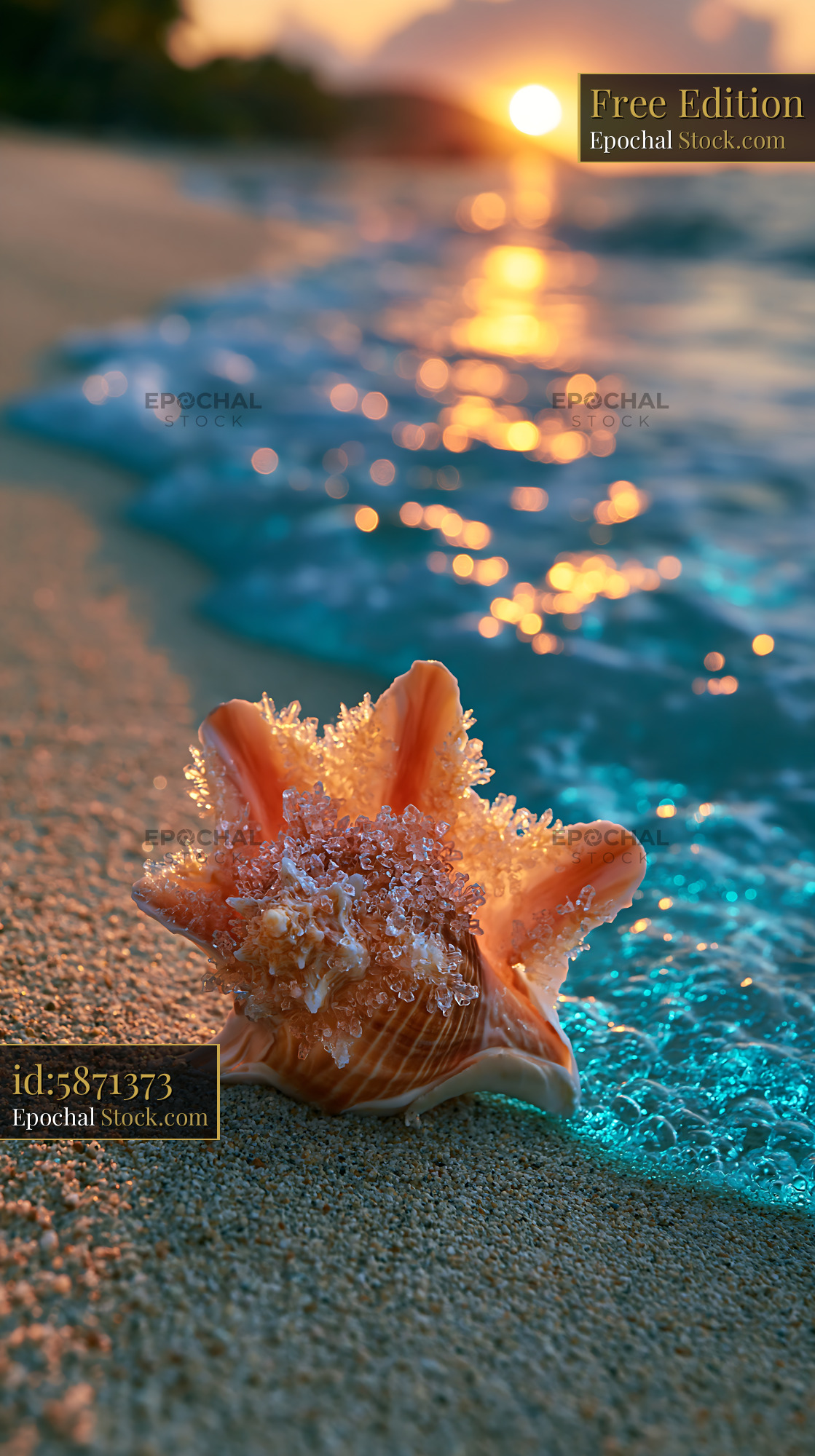 Crystalline seashell on a sandy beach at sunset - stock photo