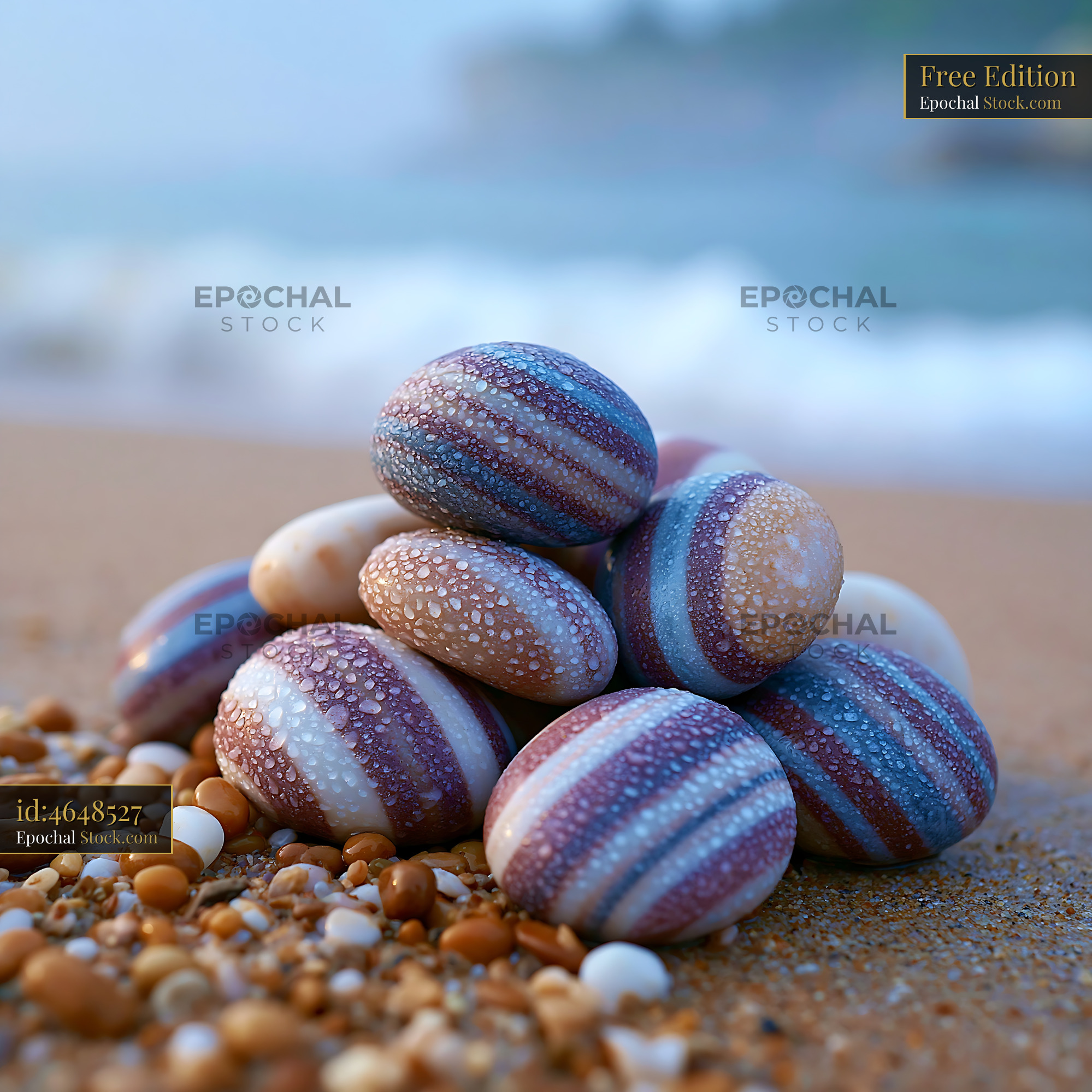 Striped pebble cluster with water droplets on a sandy beach - stock photo
