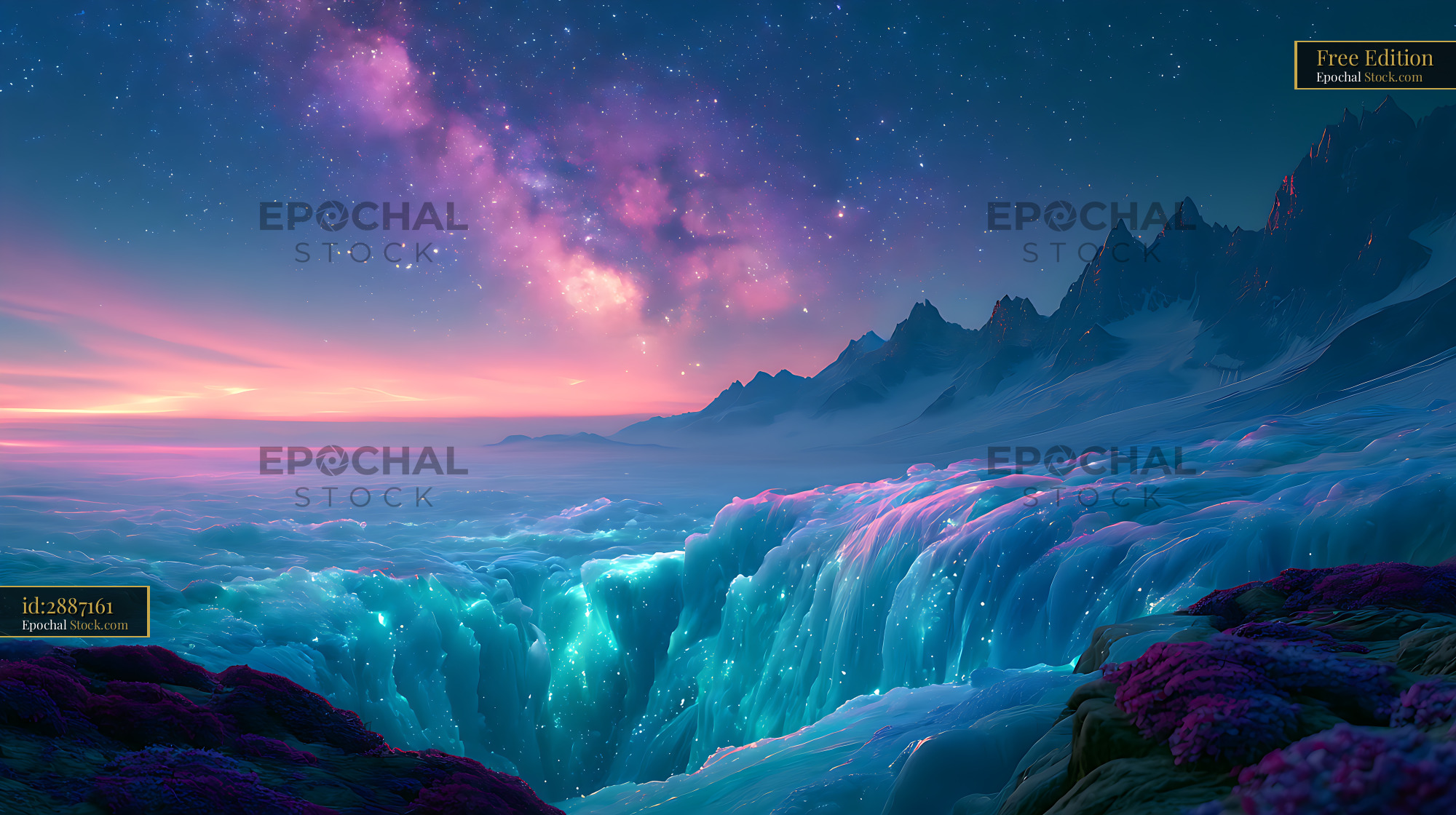 Milky way galaxy over an alpine glacier crevasse at sunset - stock photo