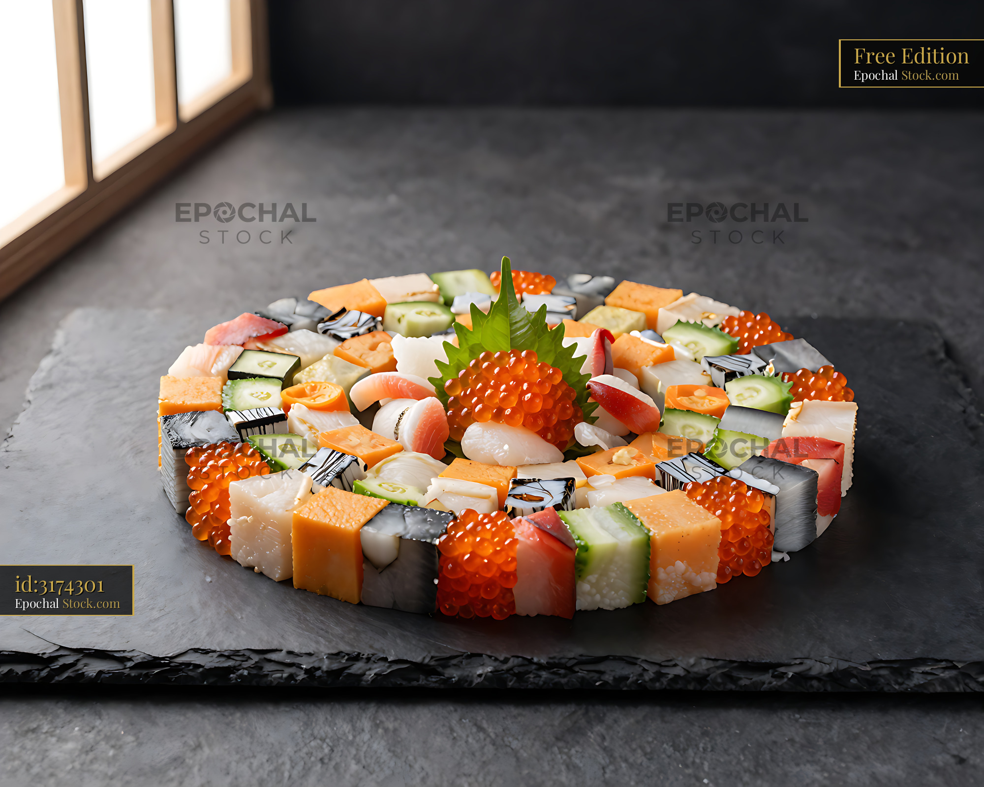 Circular kaisen bara chirashi with fresh sashimi cubes and salmon roe - stock photo
