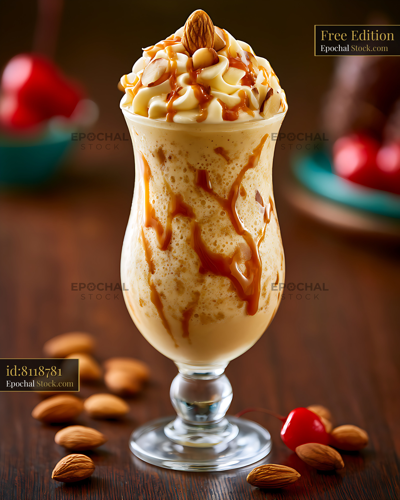 Creamy amaretto almond milkshake topped with whipped cream and syrup - stock photo