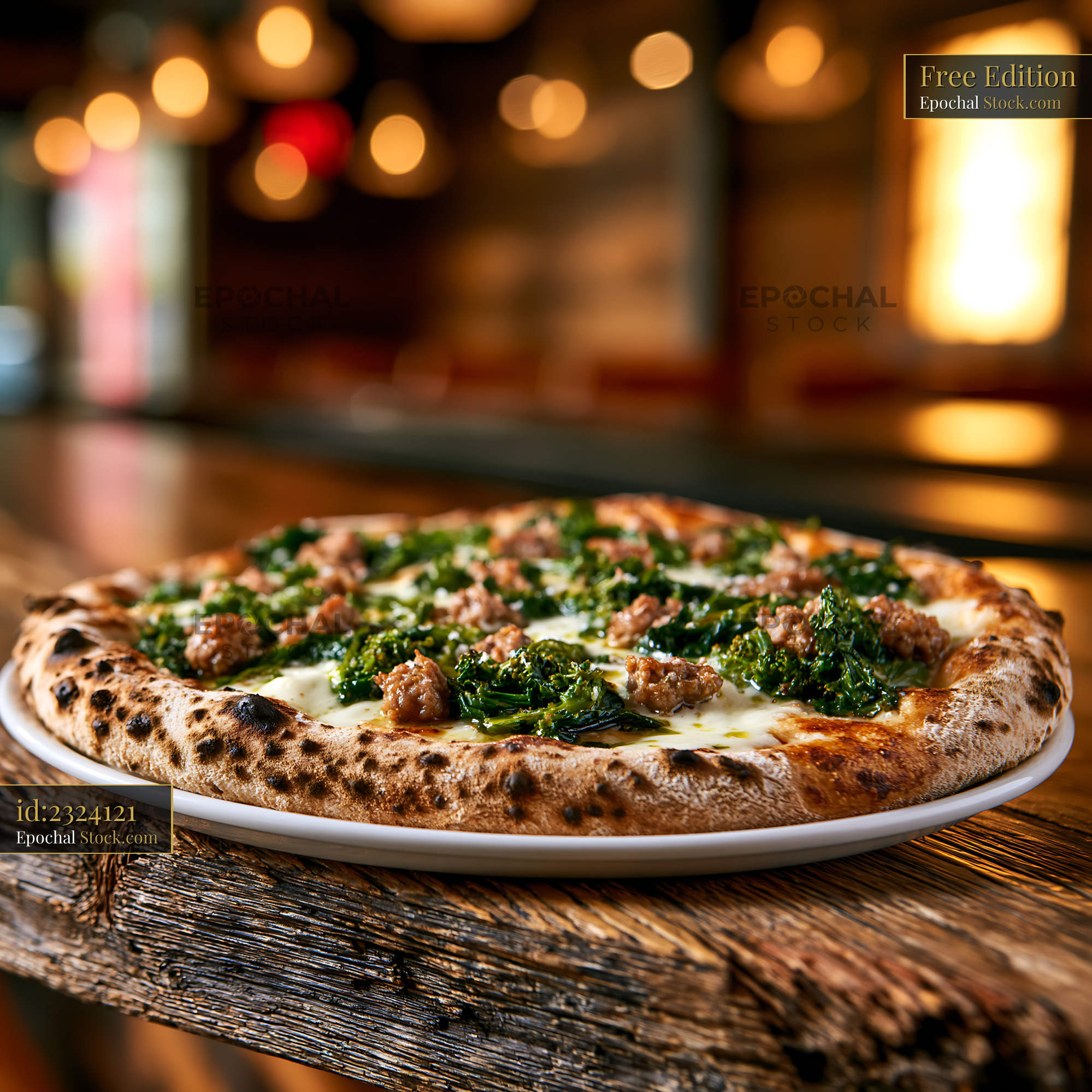 Traditional friarielli sausage pizza on a rustic wooden table - stock photo