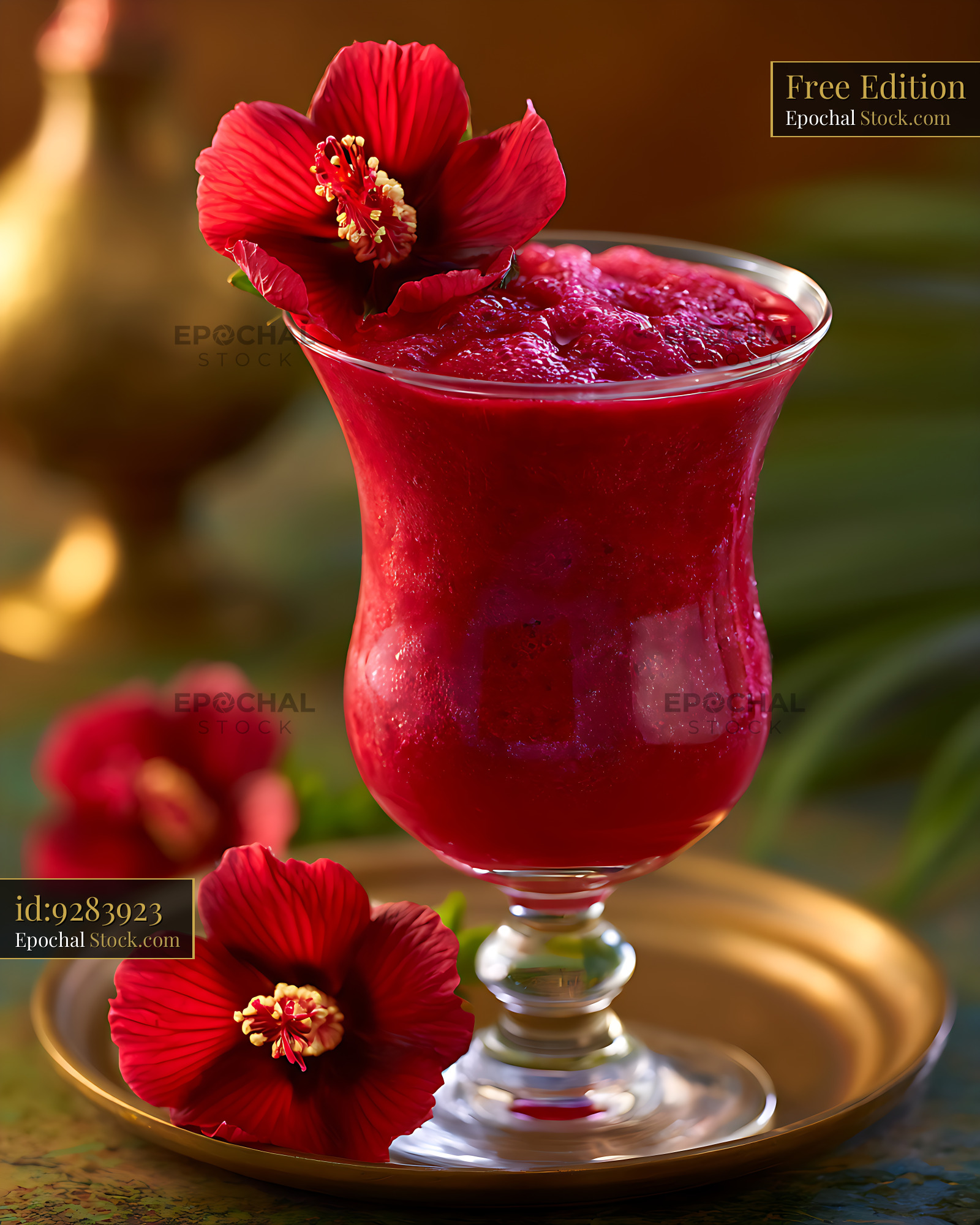 Refreshing egyptian hibiscus smoothie with vibrant red flowers - stock photo