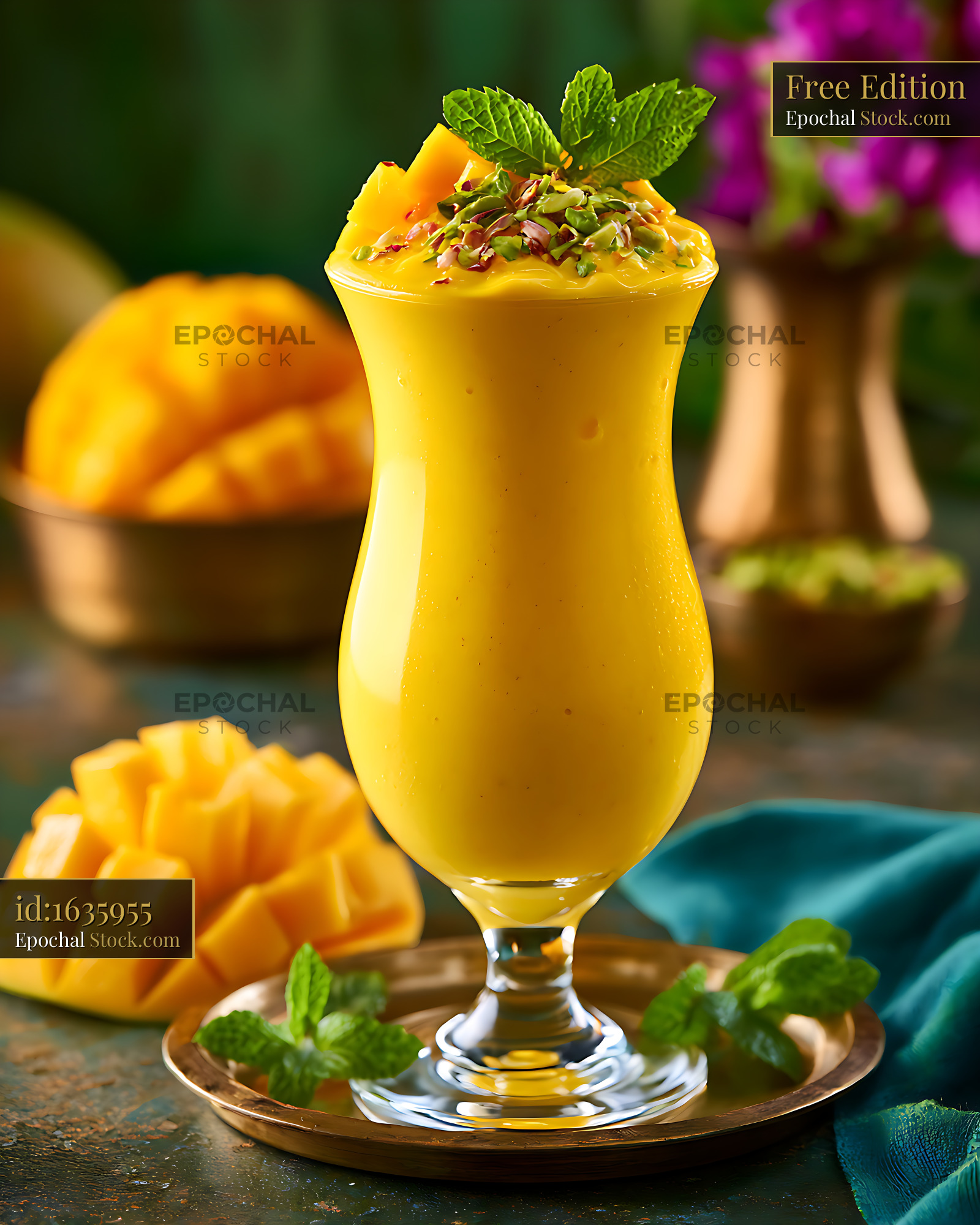 Indian mango lassi smoothie with pistachios and mint in a tall glass - stock photo