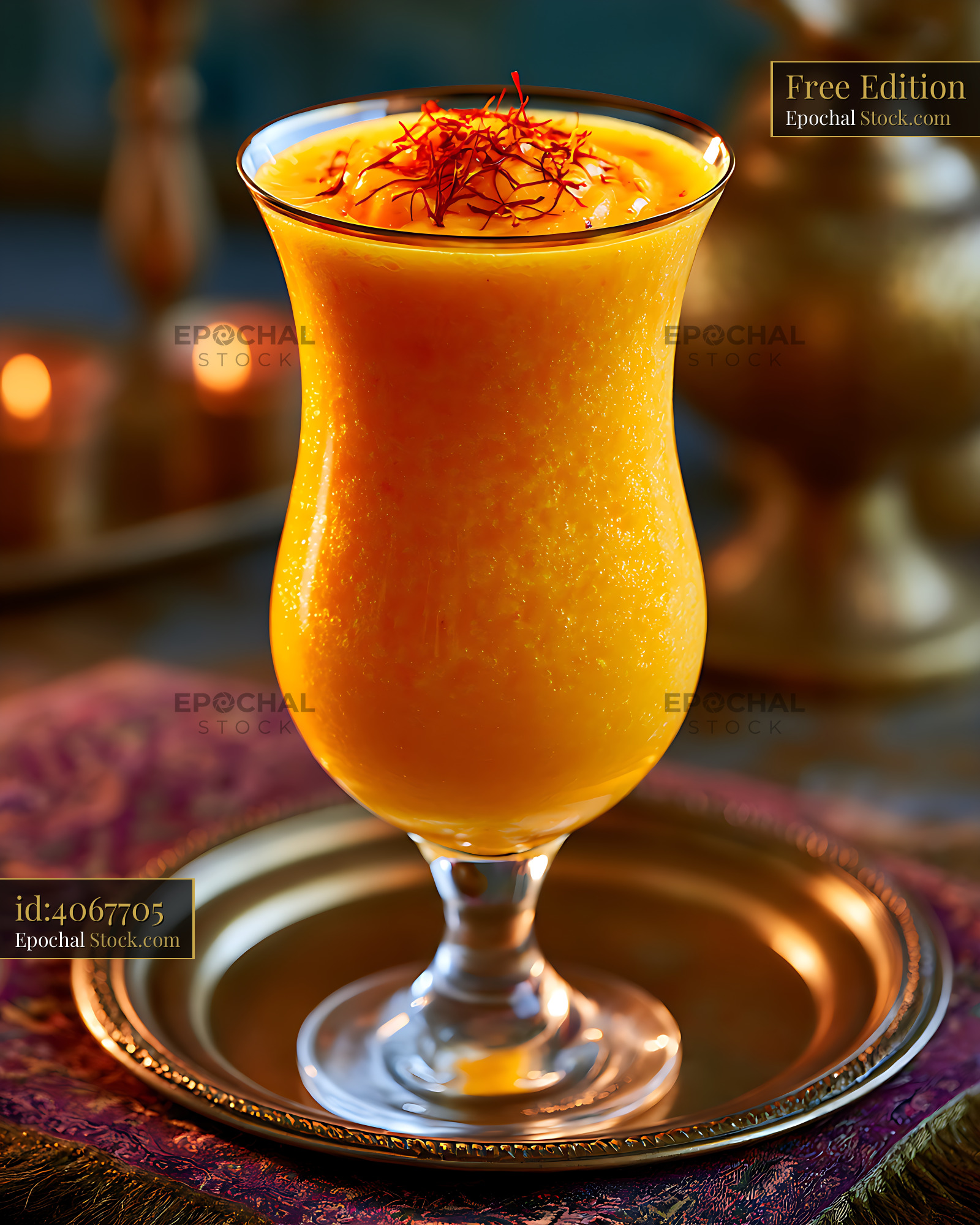 Chilled persian saffron smoothie garnished with threads in elegant set - stock photo