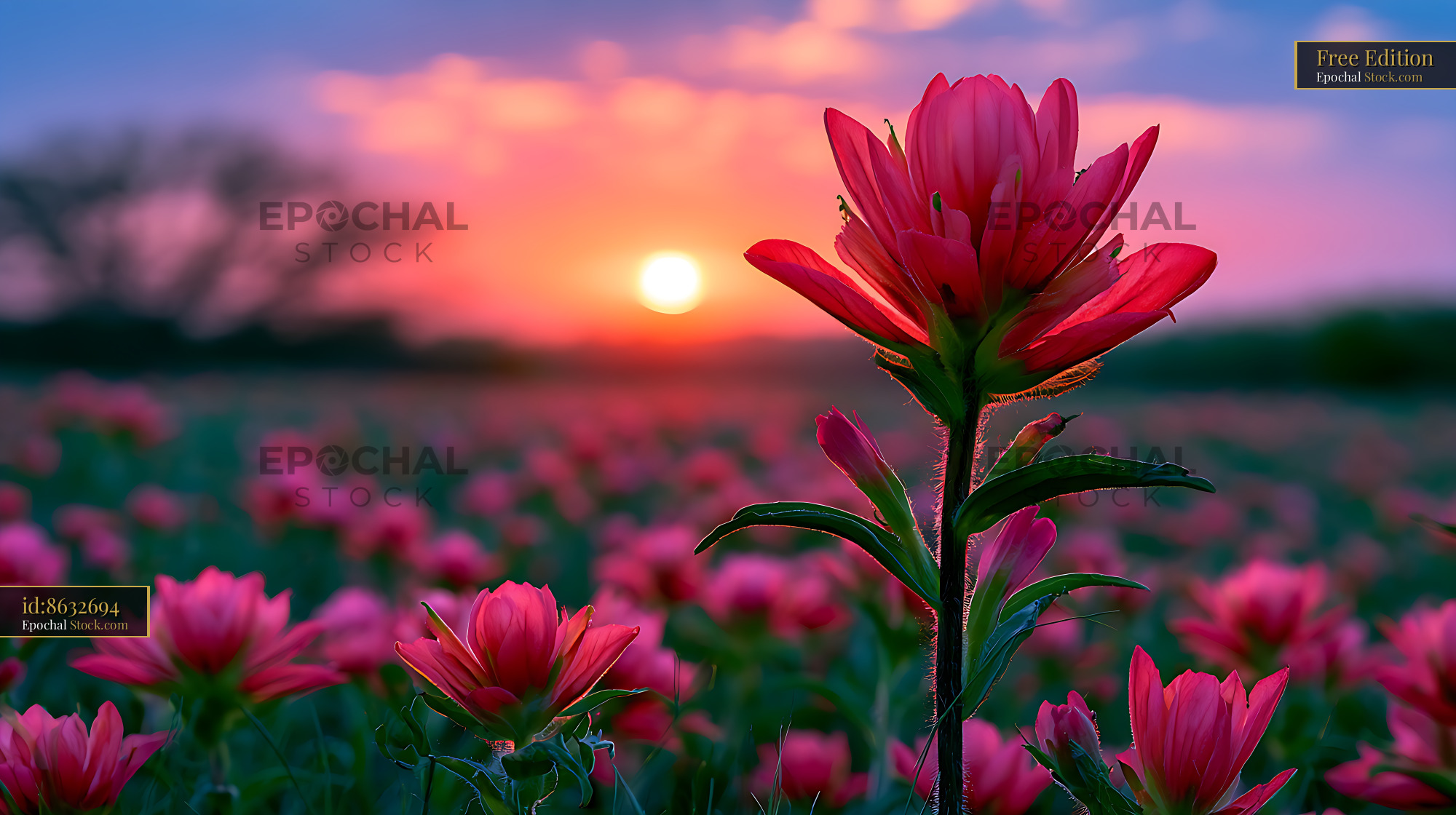 Vibrant Texas Indian paintbrush blooming in a meadow at sunrise - stock photo