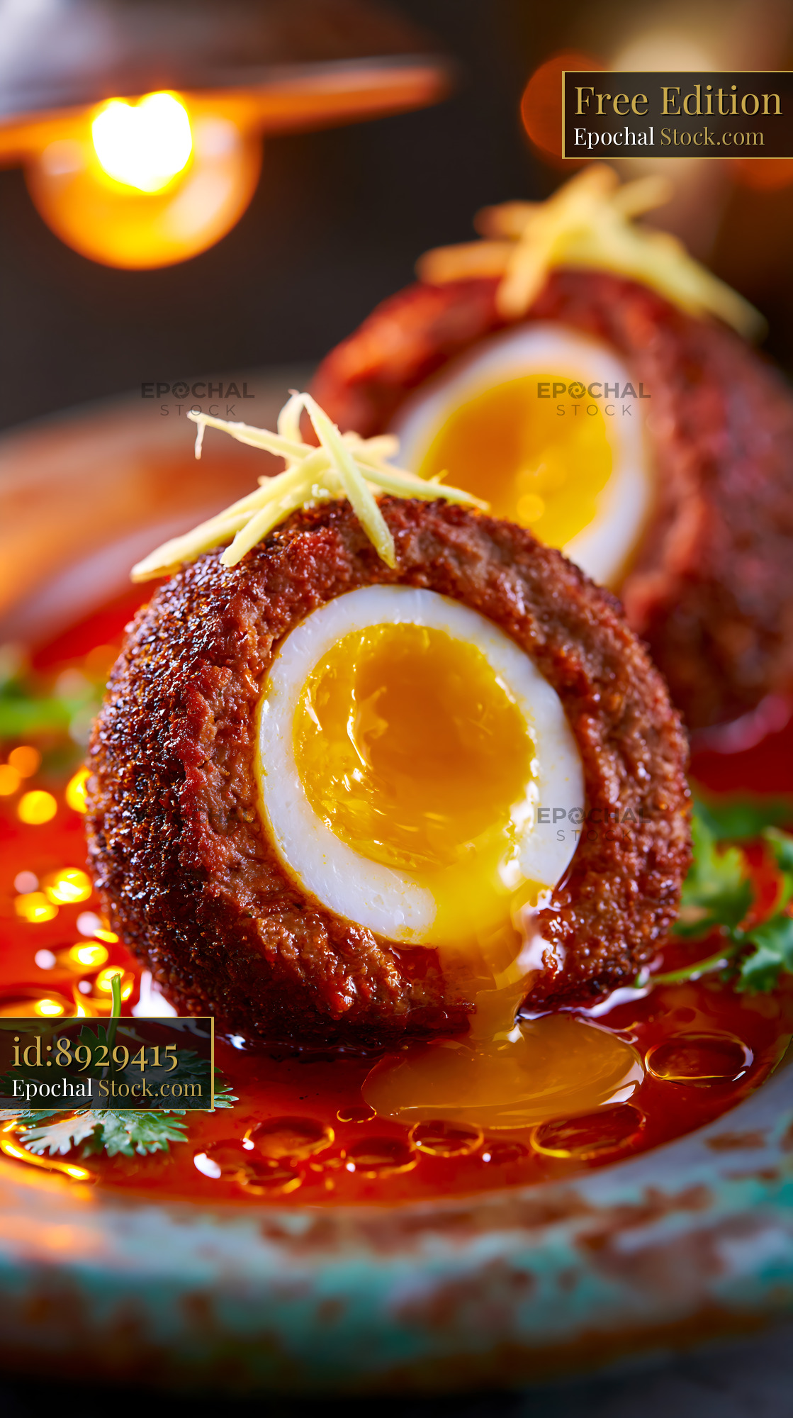 Nargisi kofta egg food in spicy tomato gravy with runny yolk - stock photo