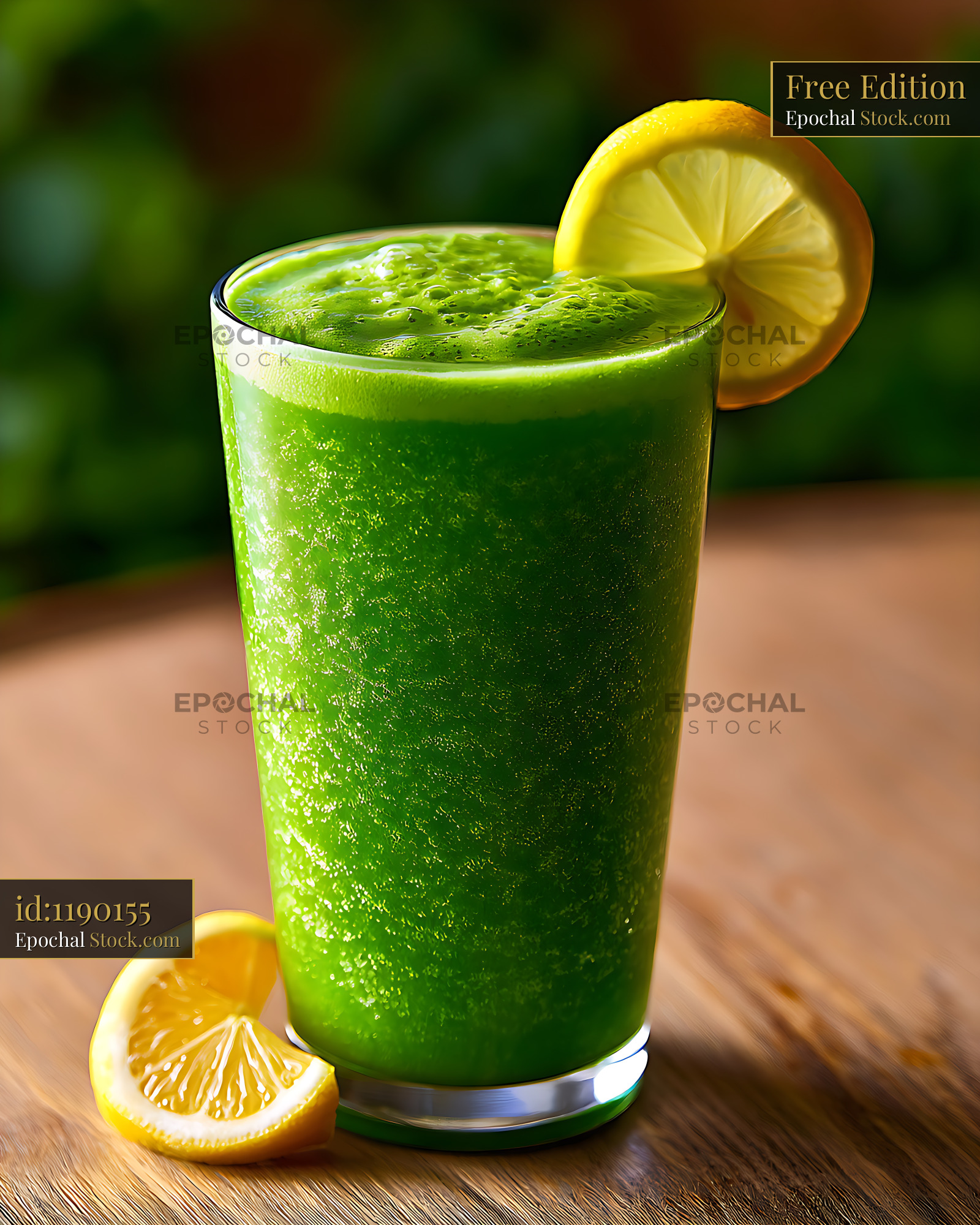Fresh green detox cleanse smoothie with lemon on a wooden table - stock photo