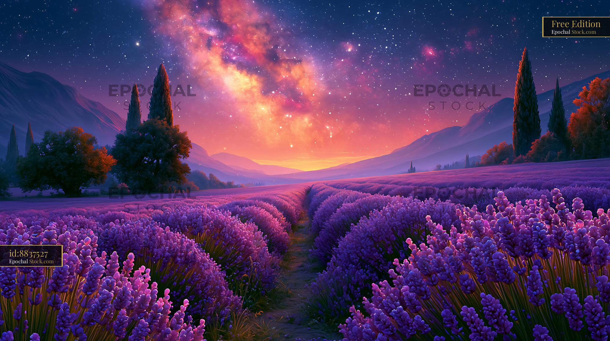 Lavender field in Provence at night under a vibrant starry sky - stock photo