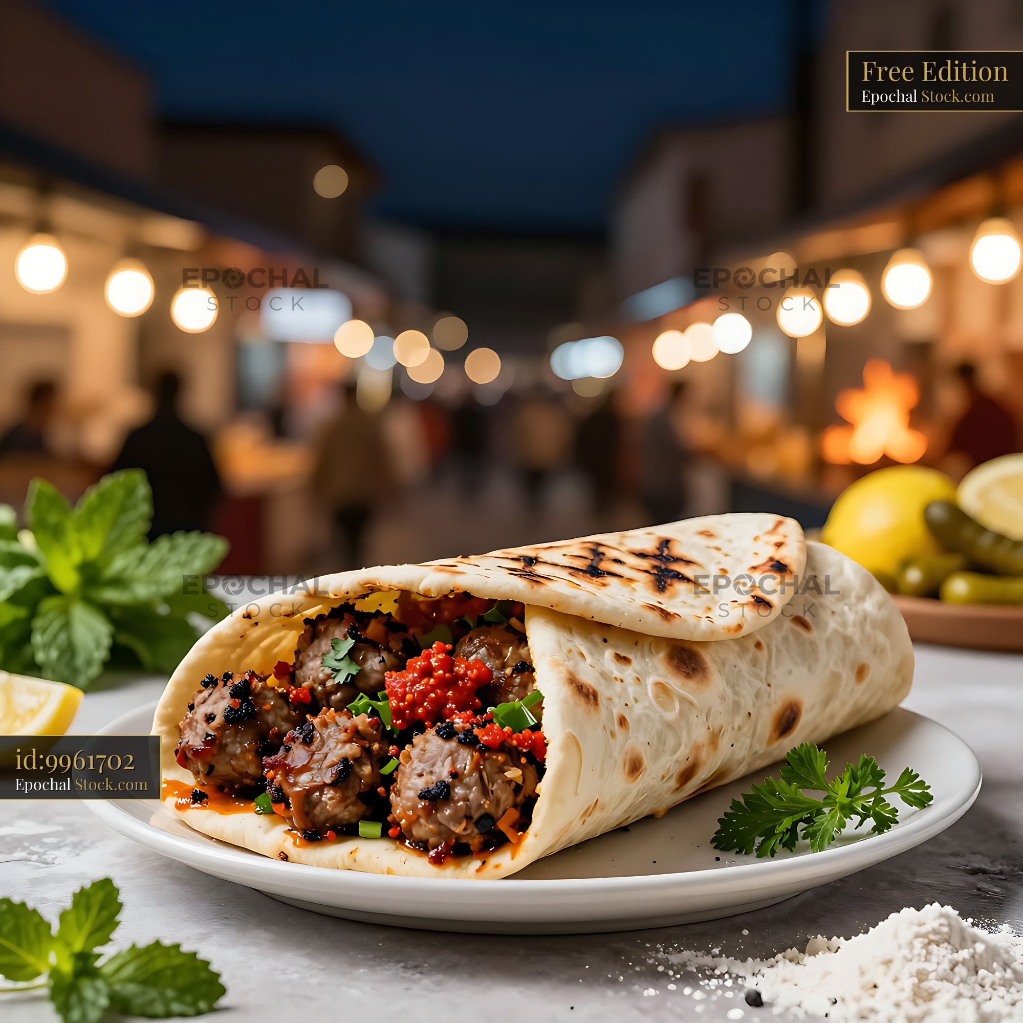 Moroccan kefta brochette wrap with spicy sauce at a night market - stock photo