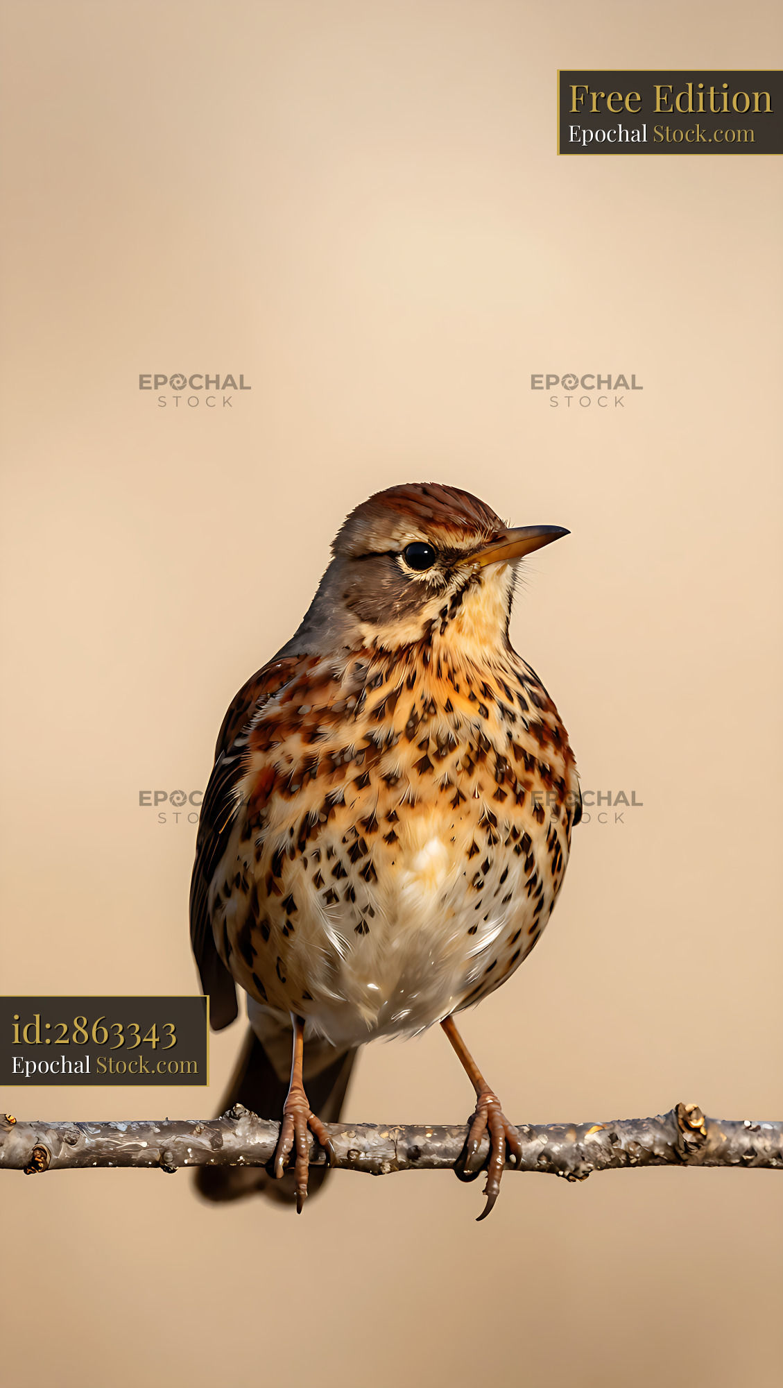 Song thrush perched on a thin branch with soft neutral background - stock photo