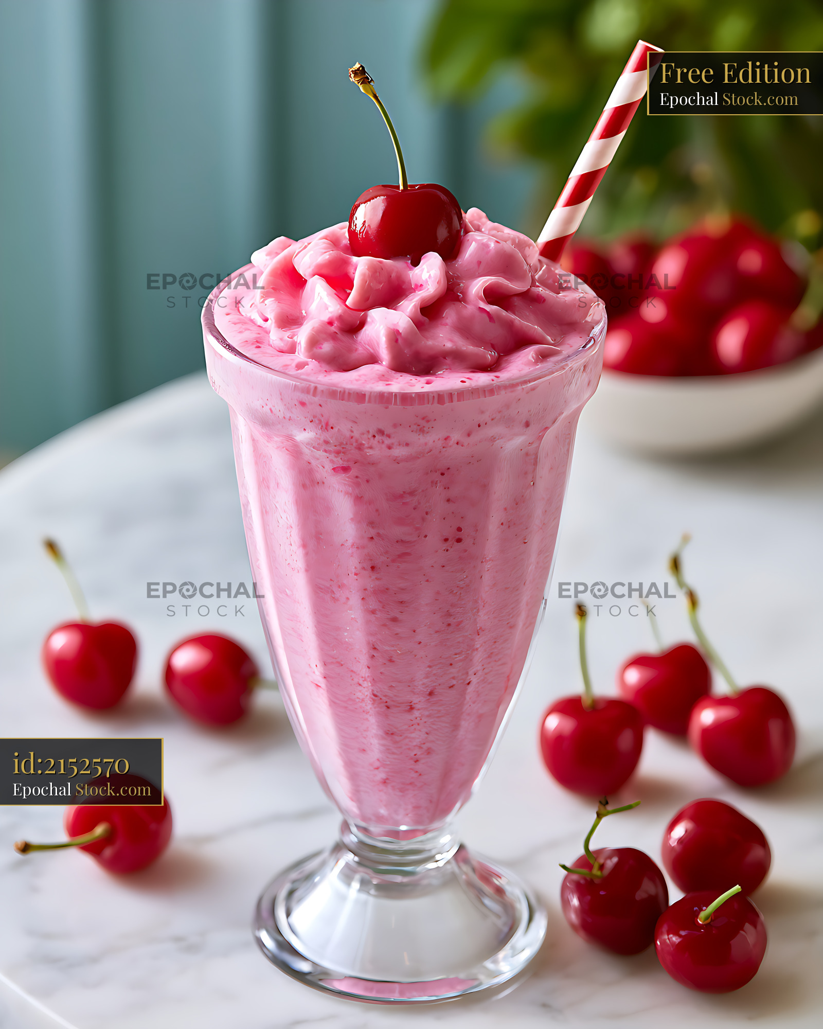 Pink cherry vanilla milkshake with whipped cream and a fresh cherry - stock photo