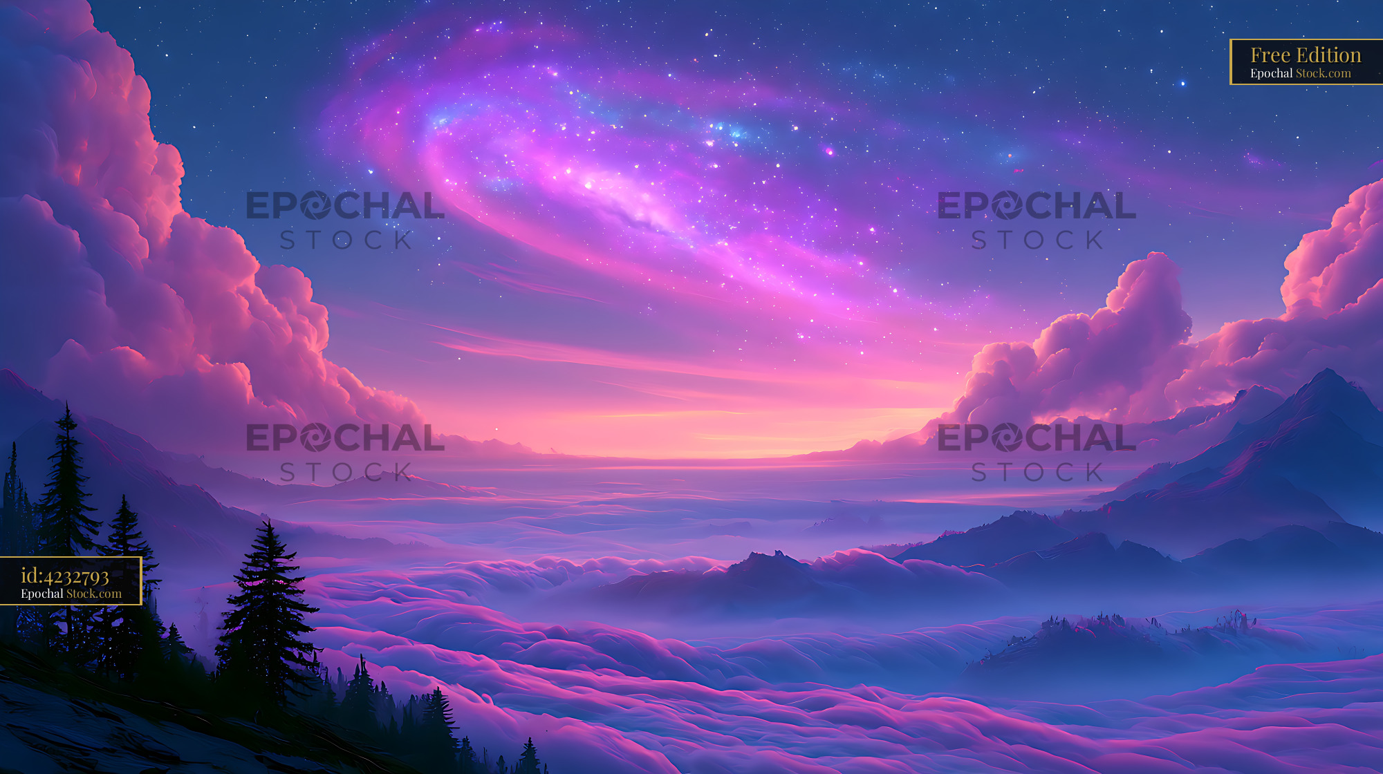 Galactic core over a low cloud valley in purple mountain landscape - stock photo