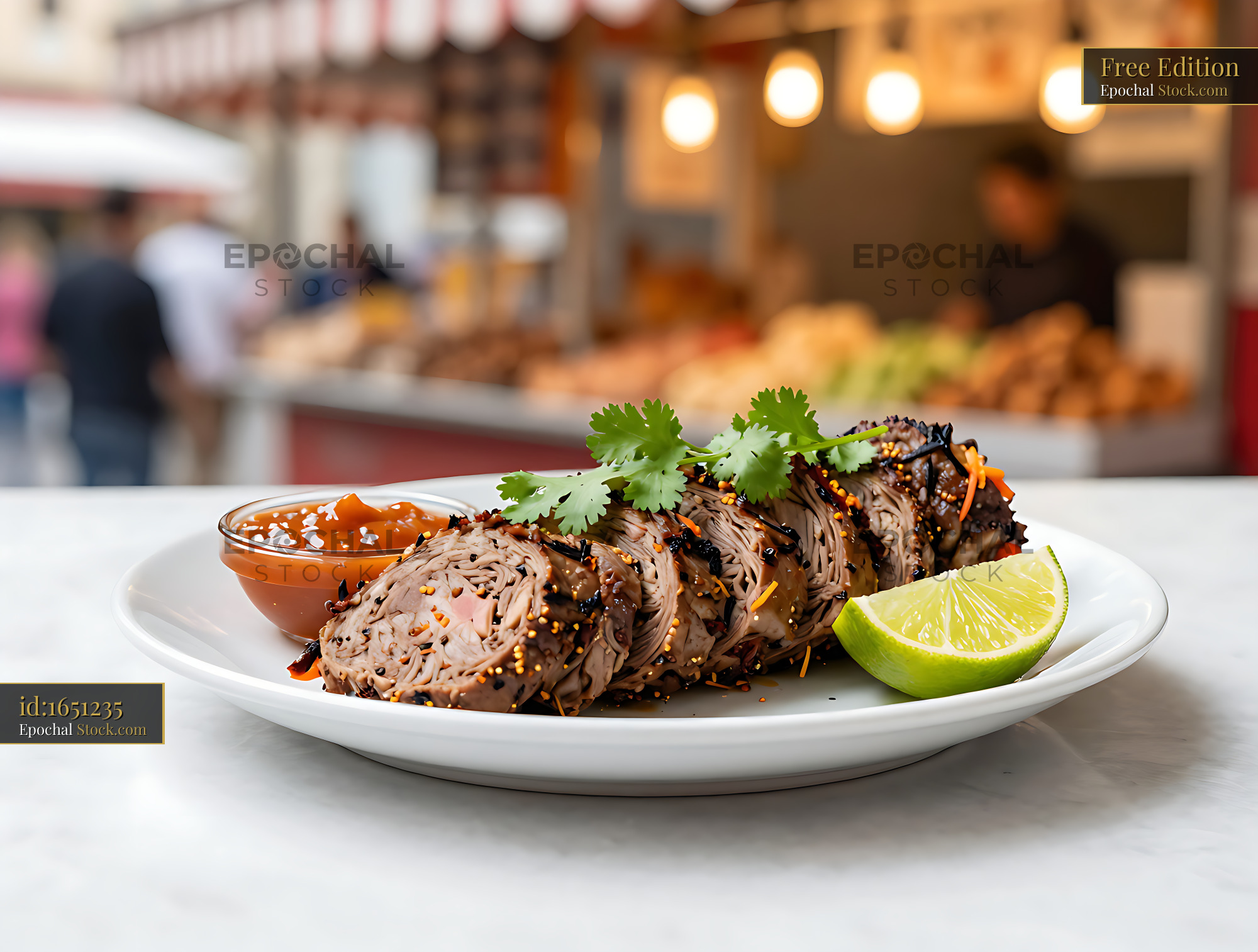 Peruvian anticucho pita roll served with fresh lime and dipping sauce - stock photo