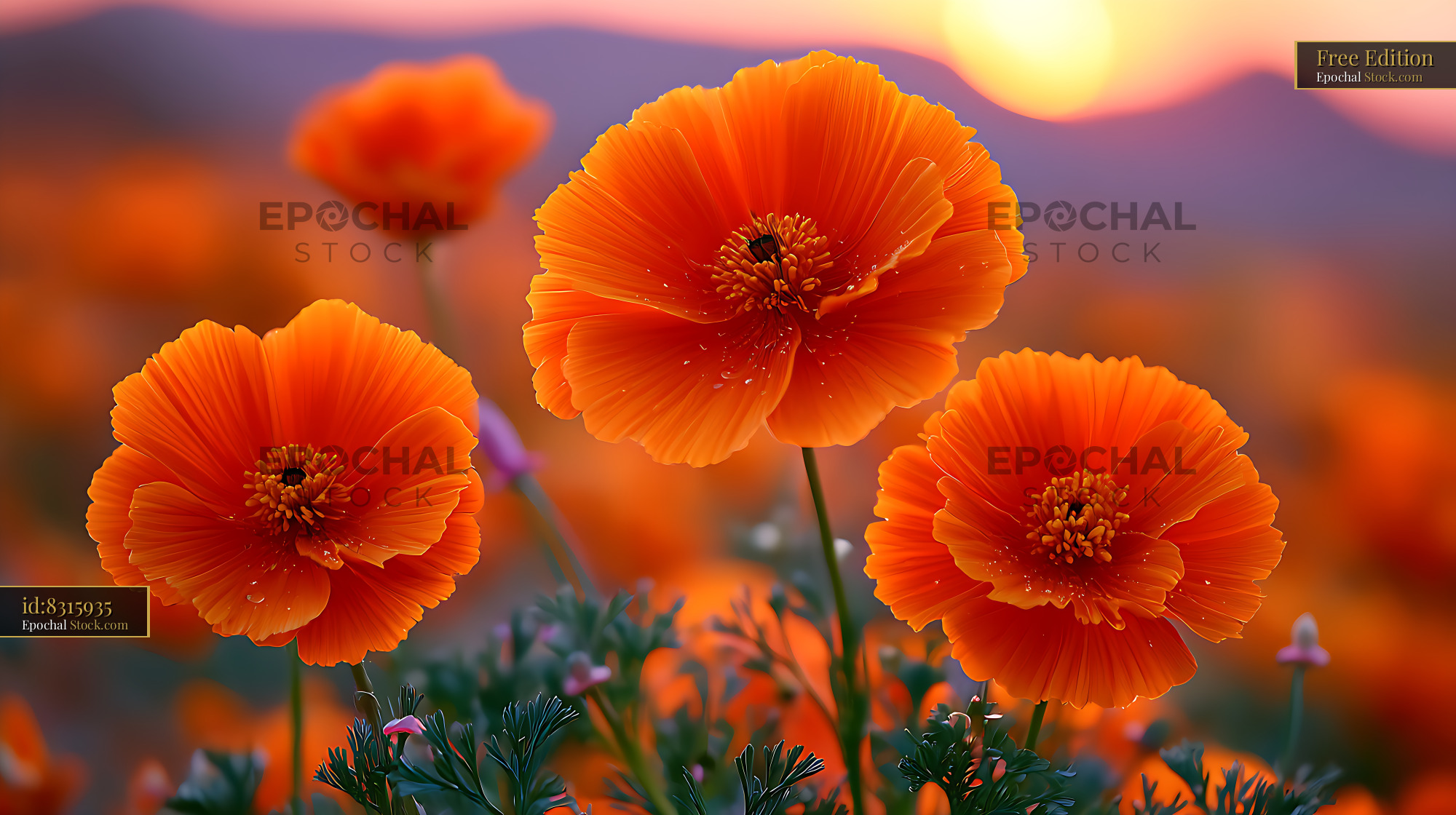 Orange poppies blooming in the Arizona desert at sunset - stock photo