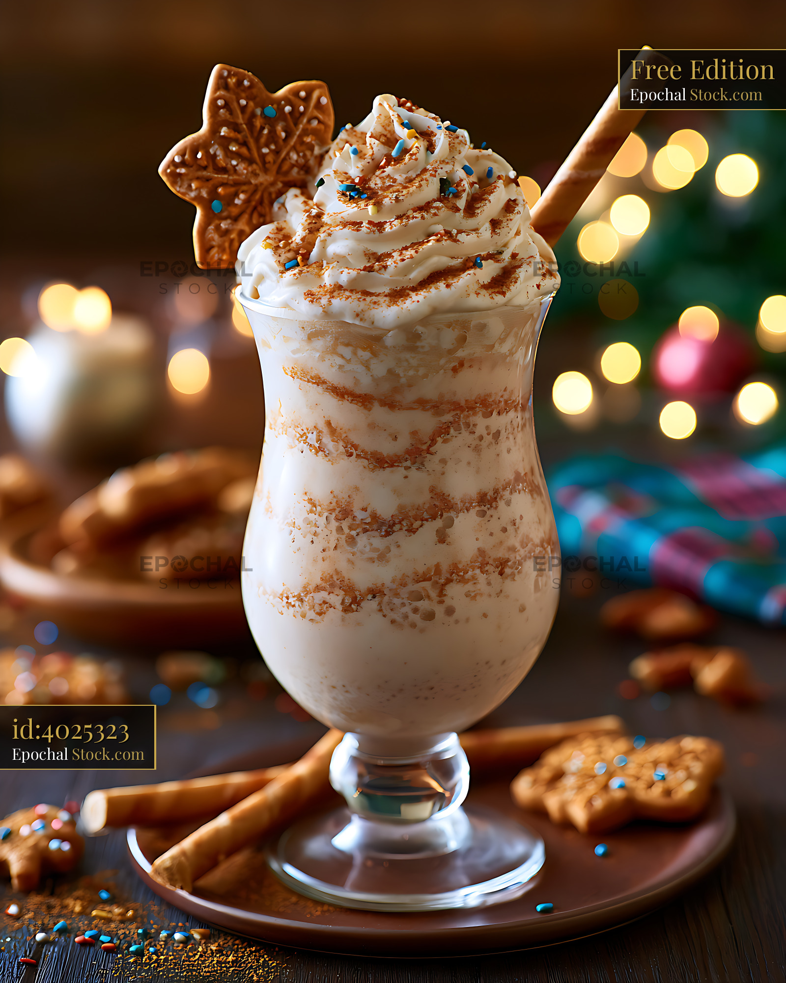 Gingerbread milkshake with whipped cream and festive cookies - stock photo
