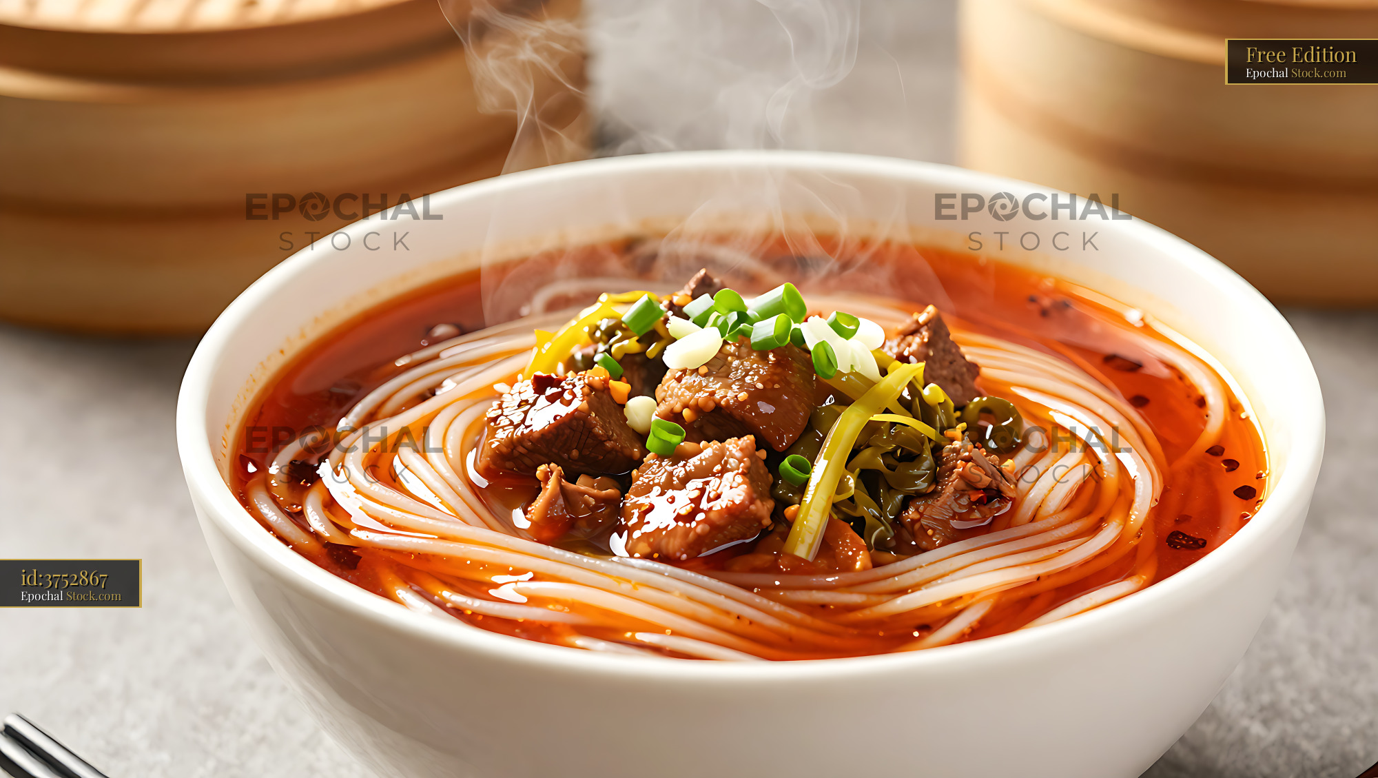 Steaming bowl of Changde Niurou Mifen beef rice noodles in spicy broth - stock photo