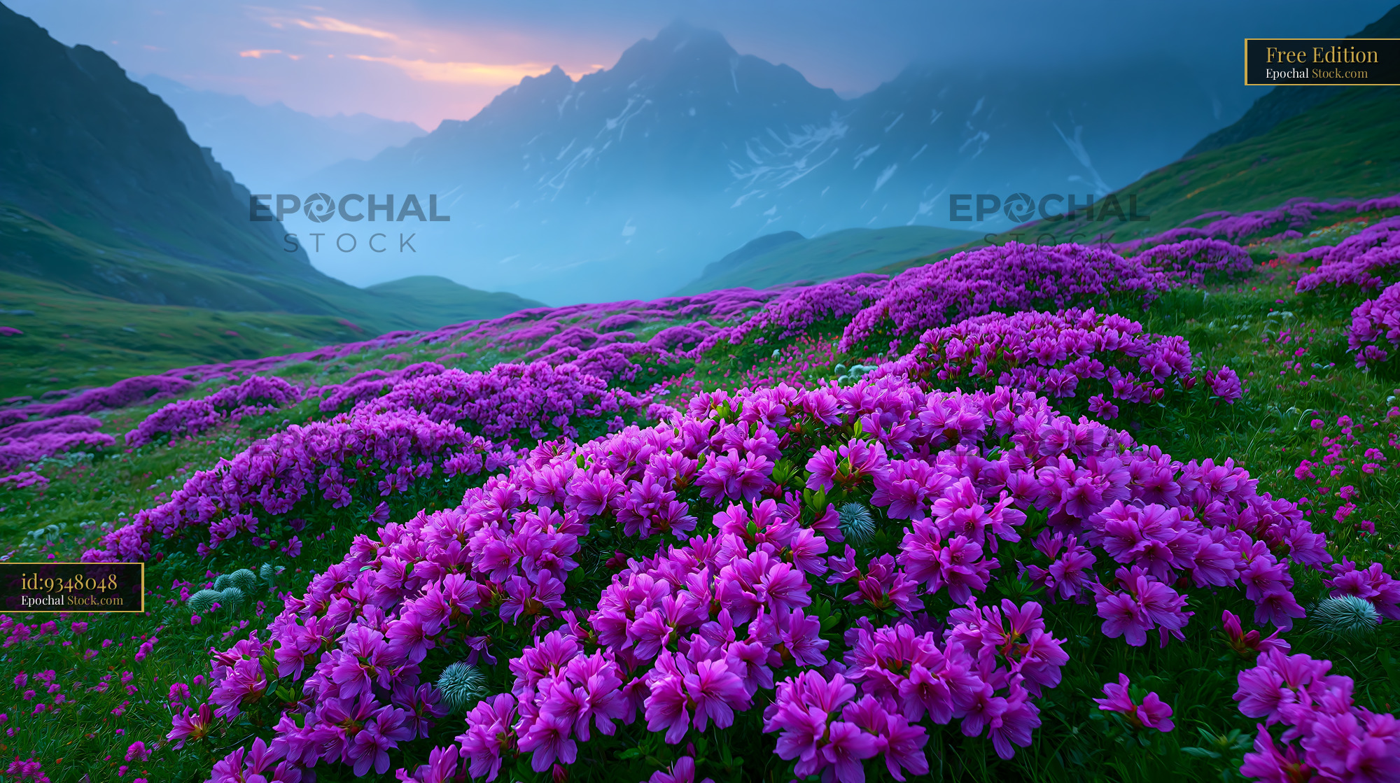 Vibrant eriophorum cotton bog in a misty alpine mountain valley - stock photo