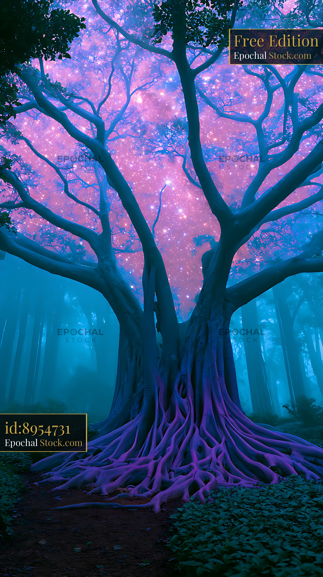 Mystical banyan tree with a cosmic galaxy canopy and ancient roots - stock photo
