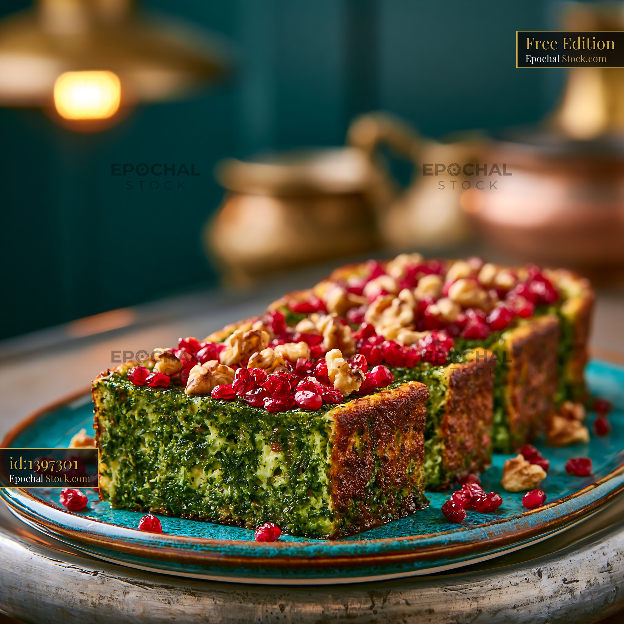 Persian kuku sabzi herb frittata with pomegranate and walnuts - stock photo