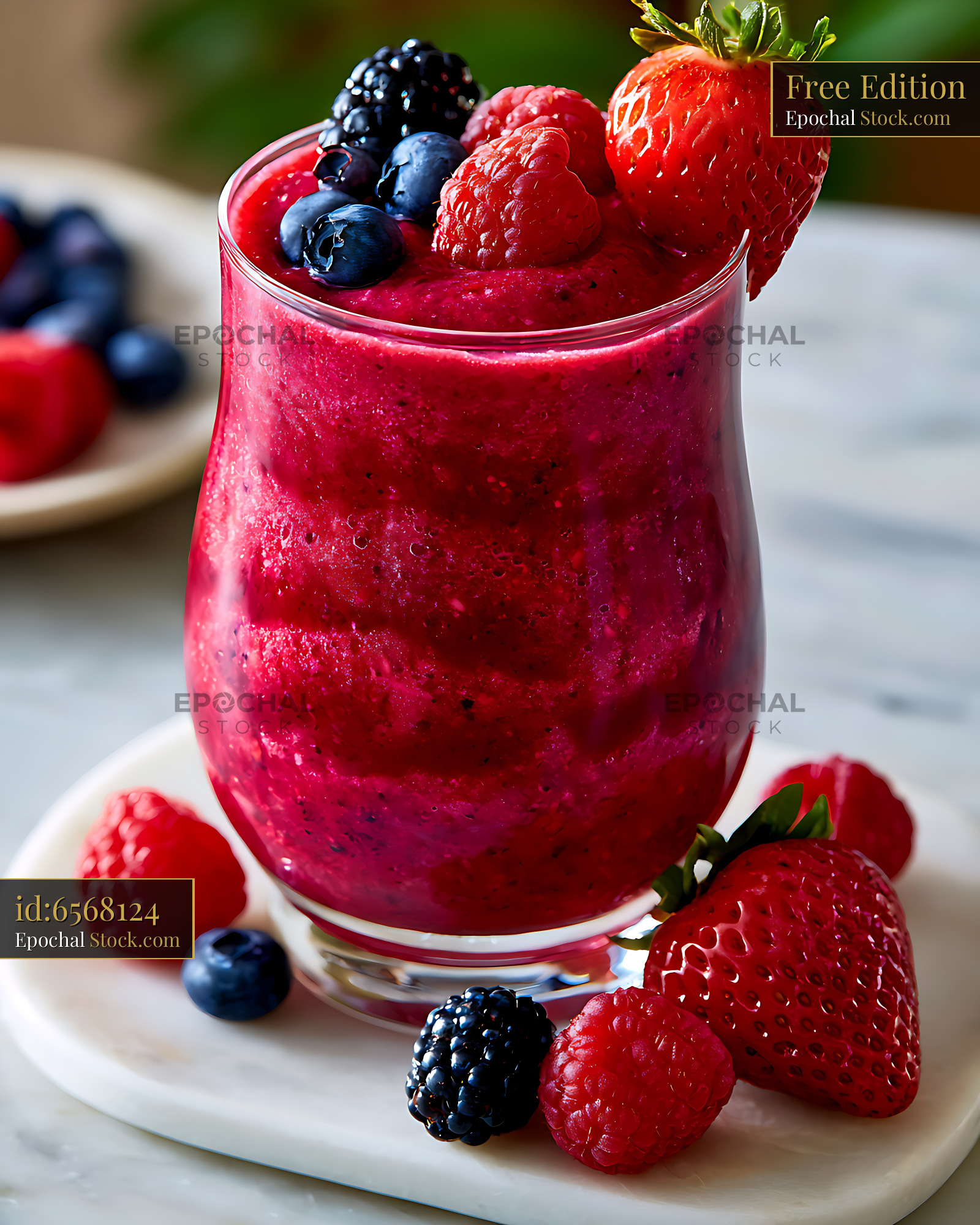 Berry smoothie with fresh strawberries and blueberries on marble - stock photo