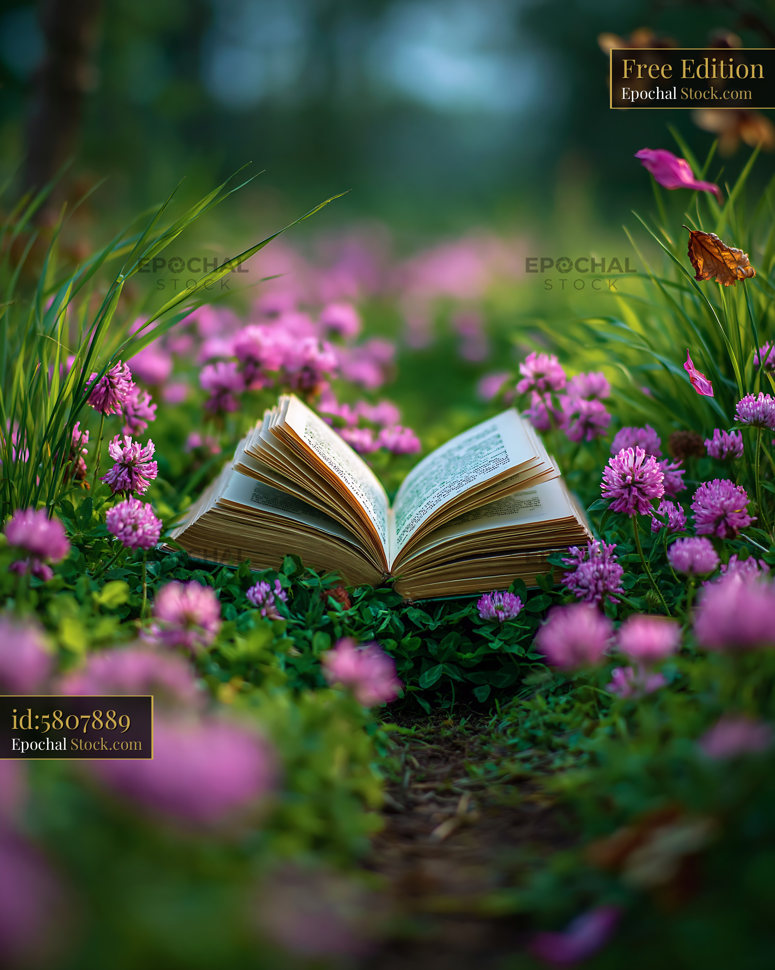 Open book in a blooming clover meadow with golden sunlight - stock photo