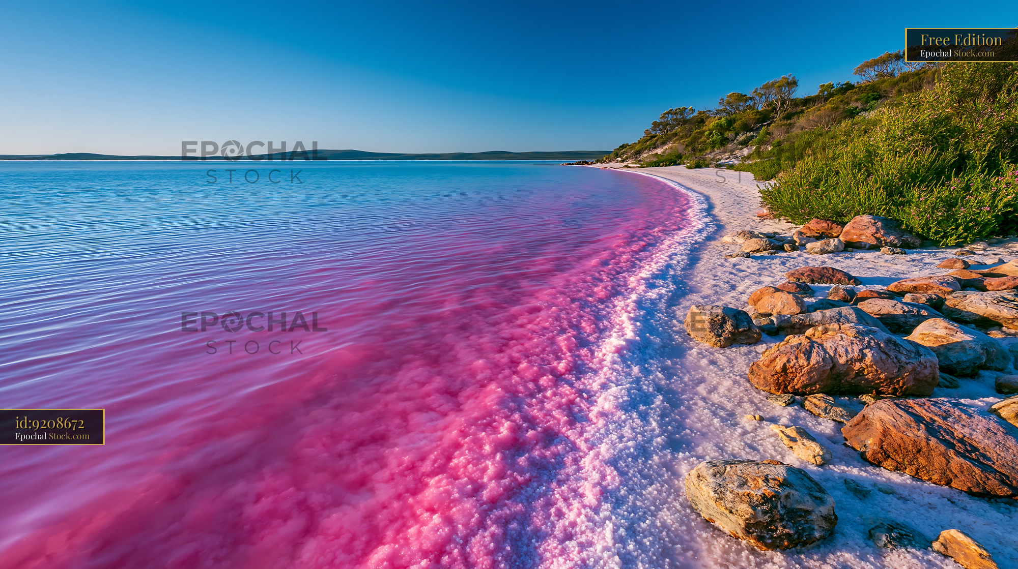 Vibrant pink water of Lake Hillier meeting a white salt shore - stock photo