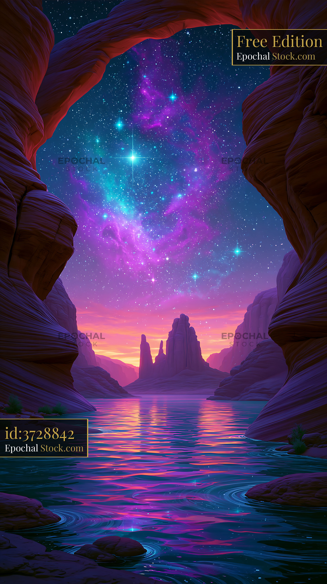 Vibrant nebula and starry night sky over a desert slot canyon lake - stock photo