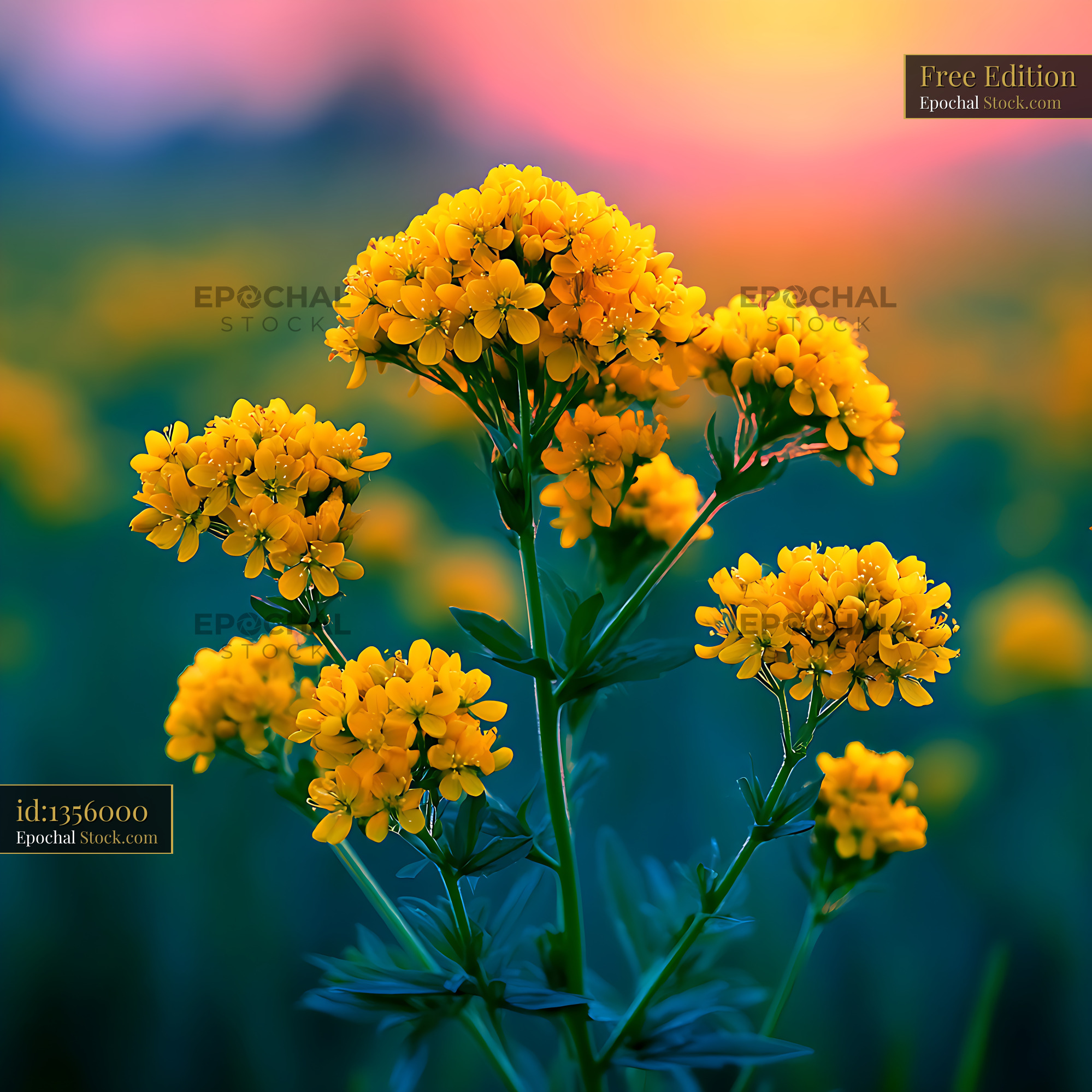 Yellow meadow lady's bedstraw blooming during golden hour - stock photo