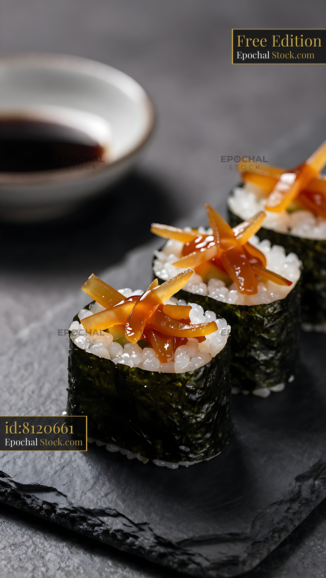 Traditional kanpyo maki sushi rolls on a dark slate board - stock photo