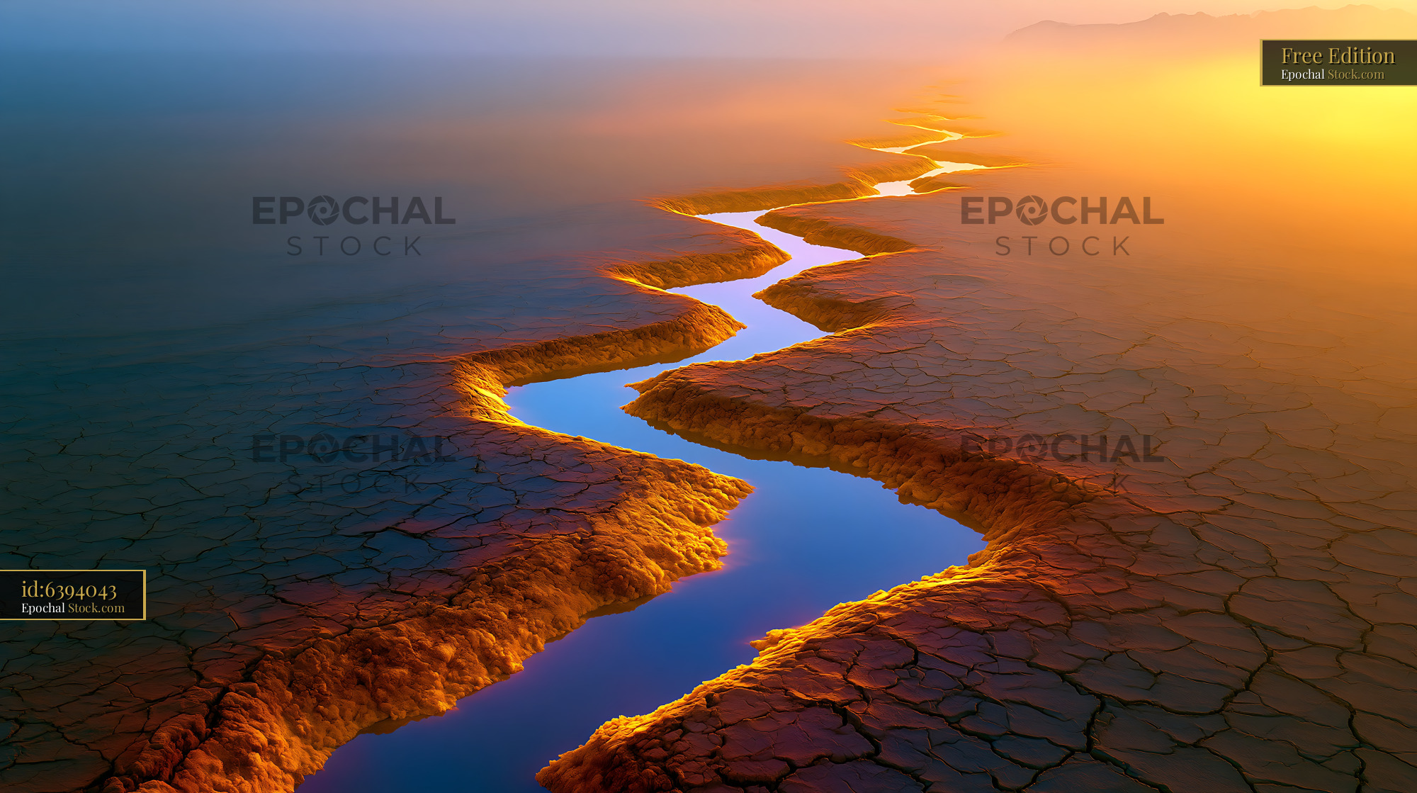 Aerial view of a winding river through cracked tidal mudflats at sunse - stock photo