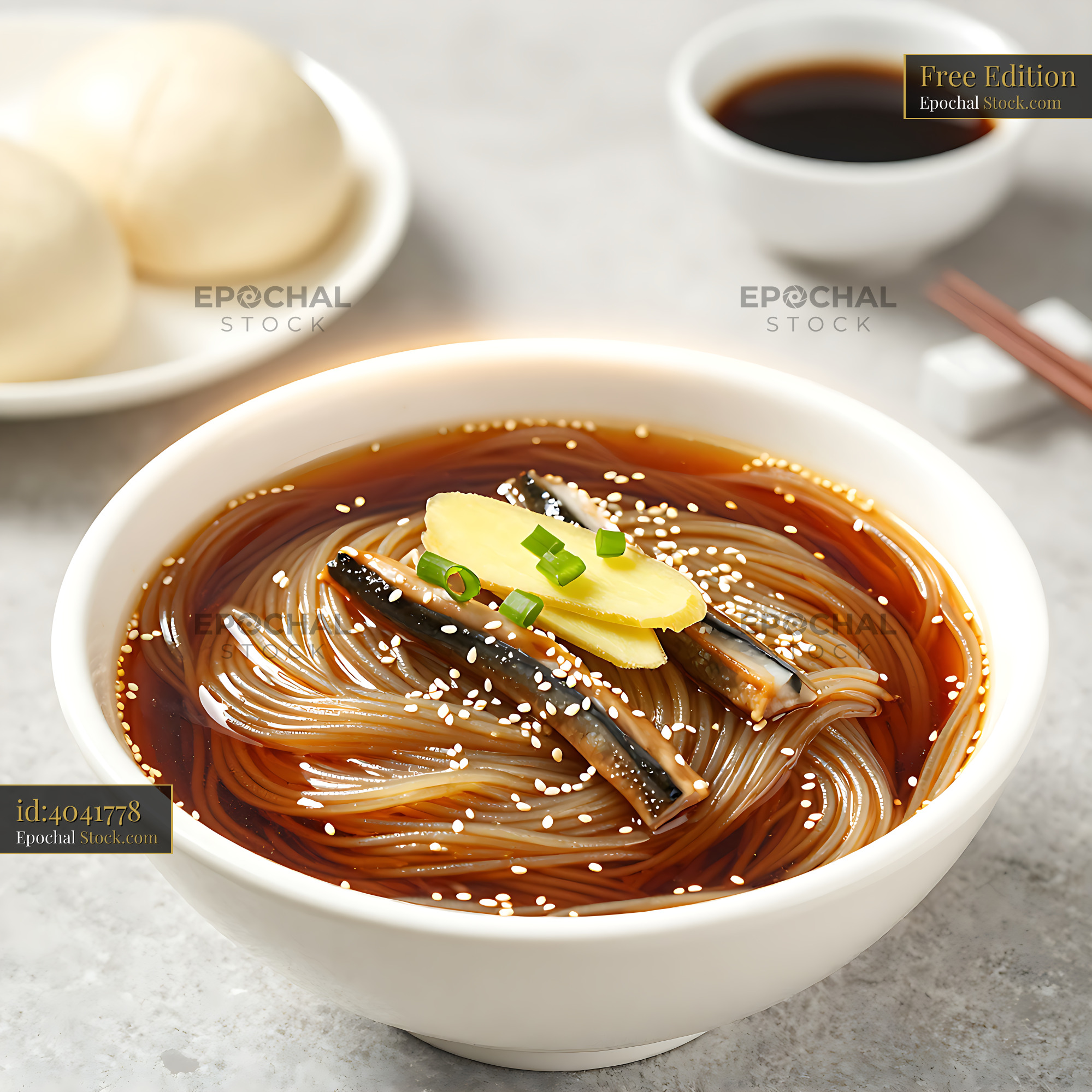 Traditional Ningbo Niang Mian noodle soup with eel and ginger - stock photo