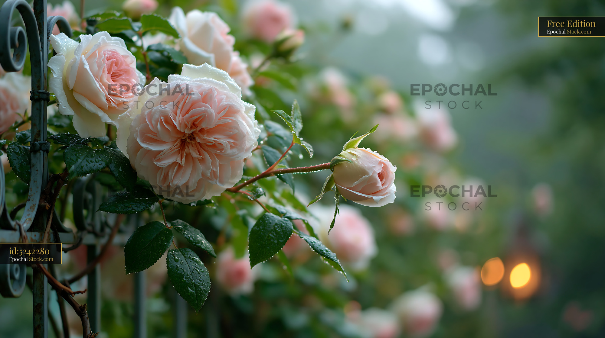 Pale pink English roses with morning dew on a wrought iron fence - stock photo