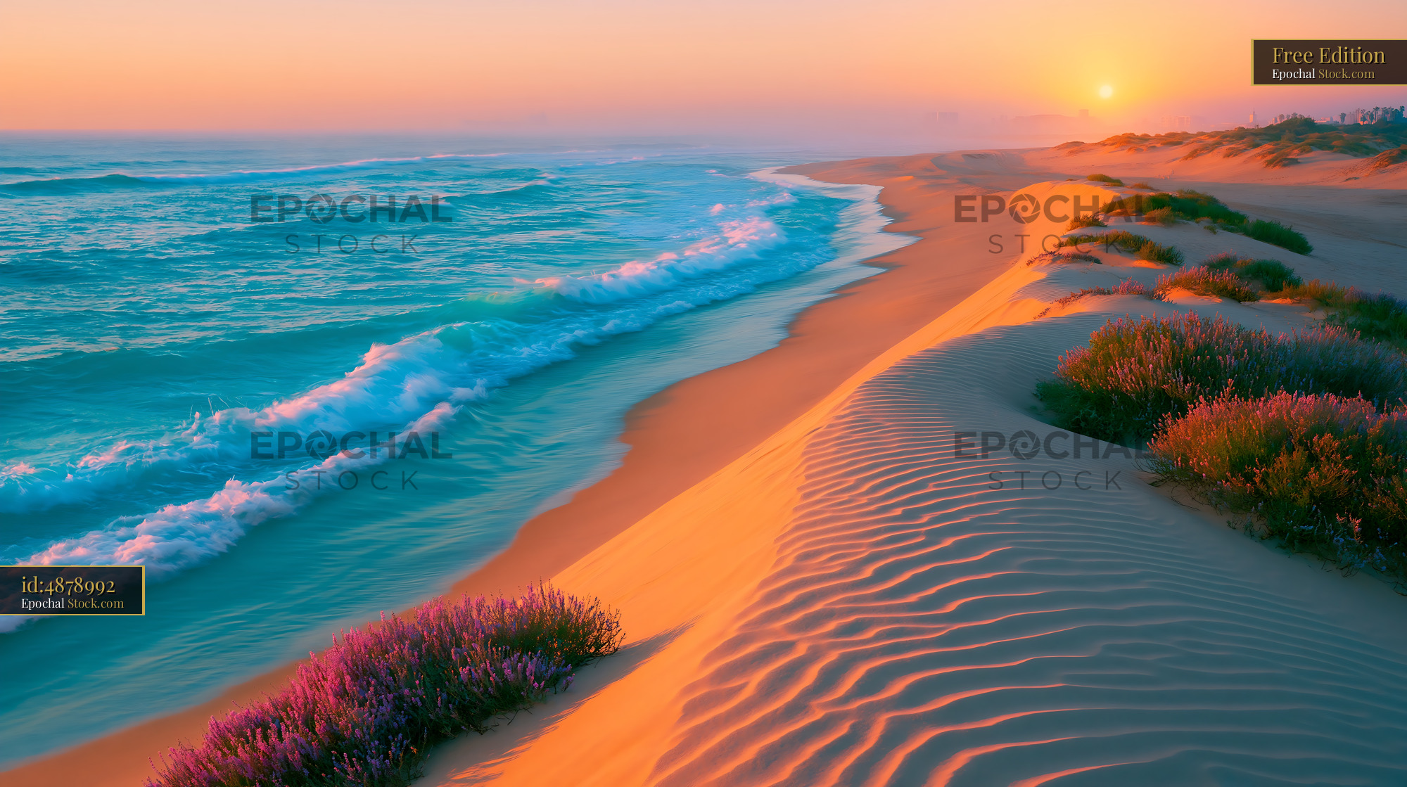Coastal dune ridge with purple wildflowers at sunset by the ocean - stock photo