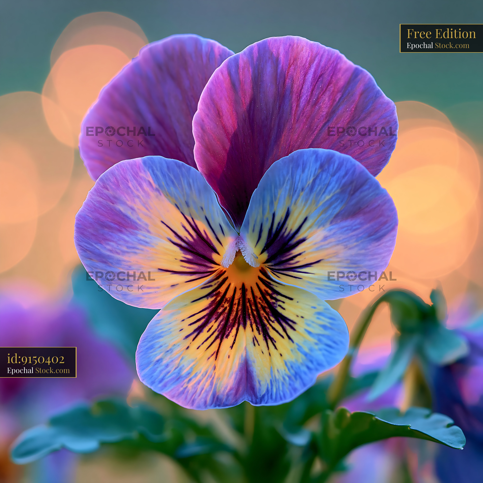 Vibrant purple and blue pansy face portrait in golden hour light - stock photo