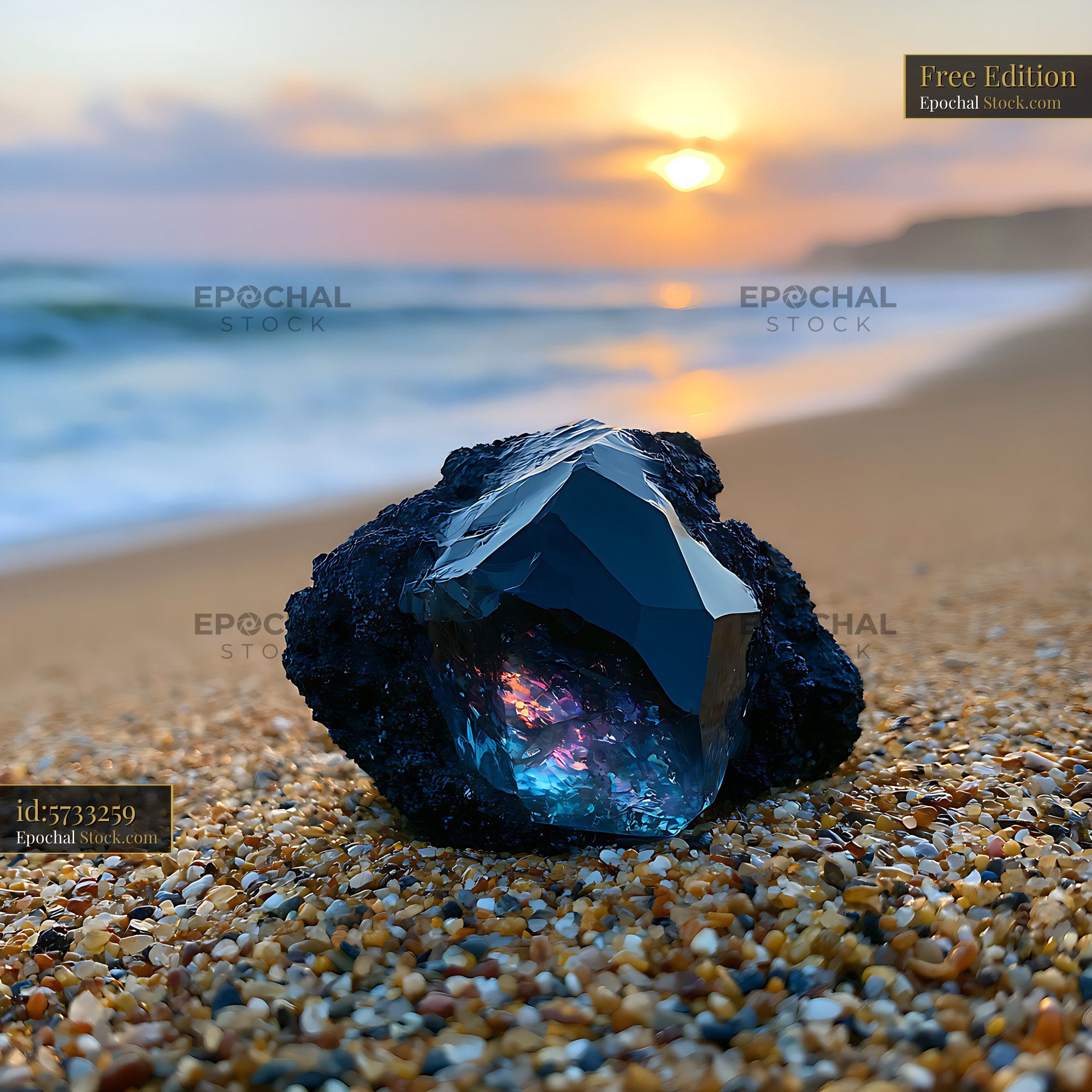 Raw volcanic glassy obsidian gemstone on a sandy shore at sunset - stock photo