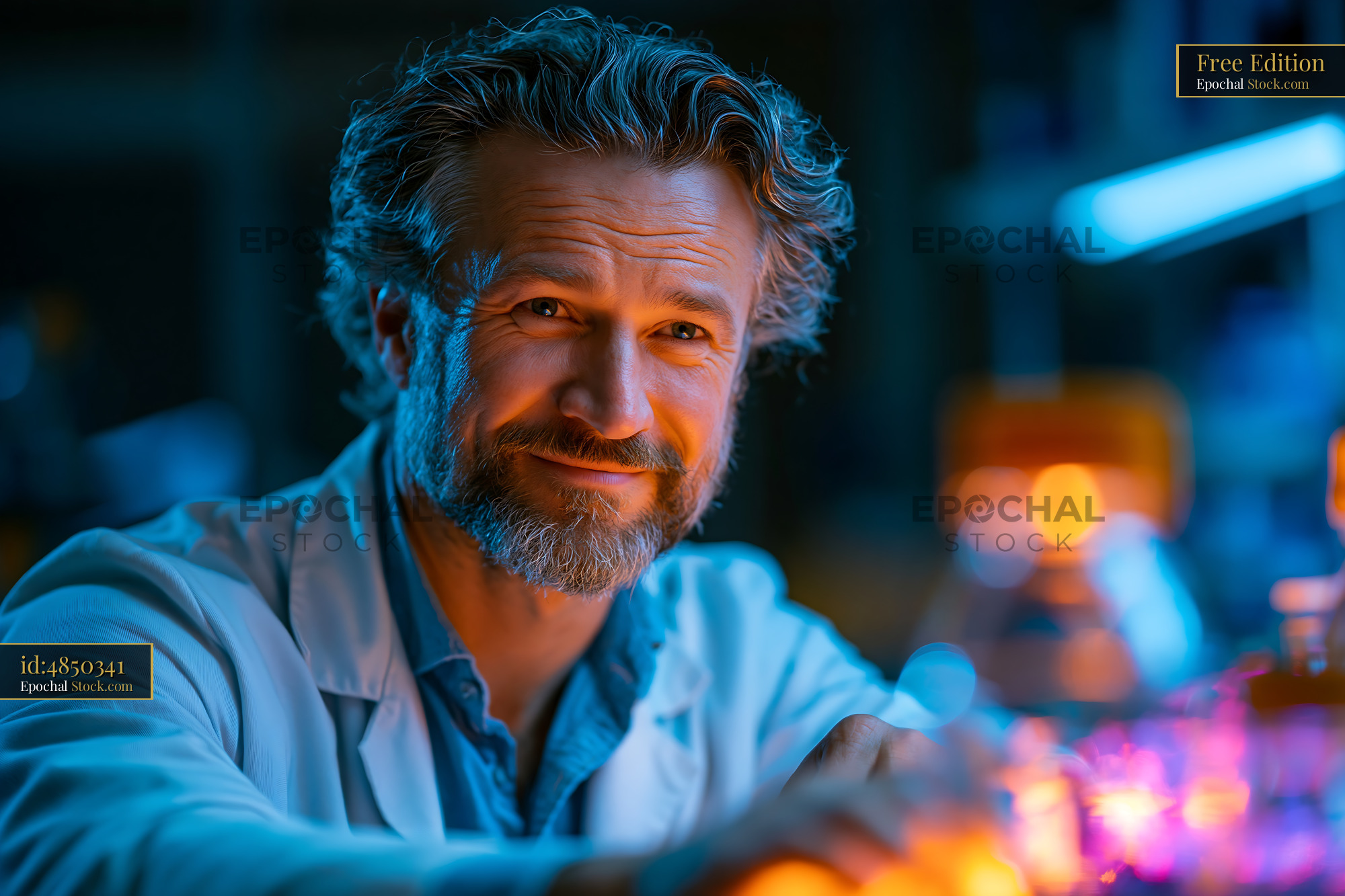 Mature male scientist smiling in a high-tech biotechnology laboratory - stock photo