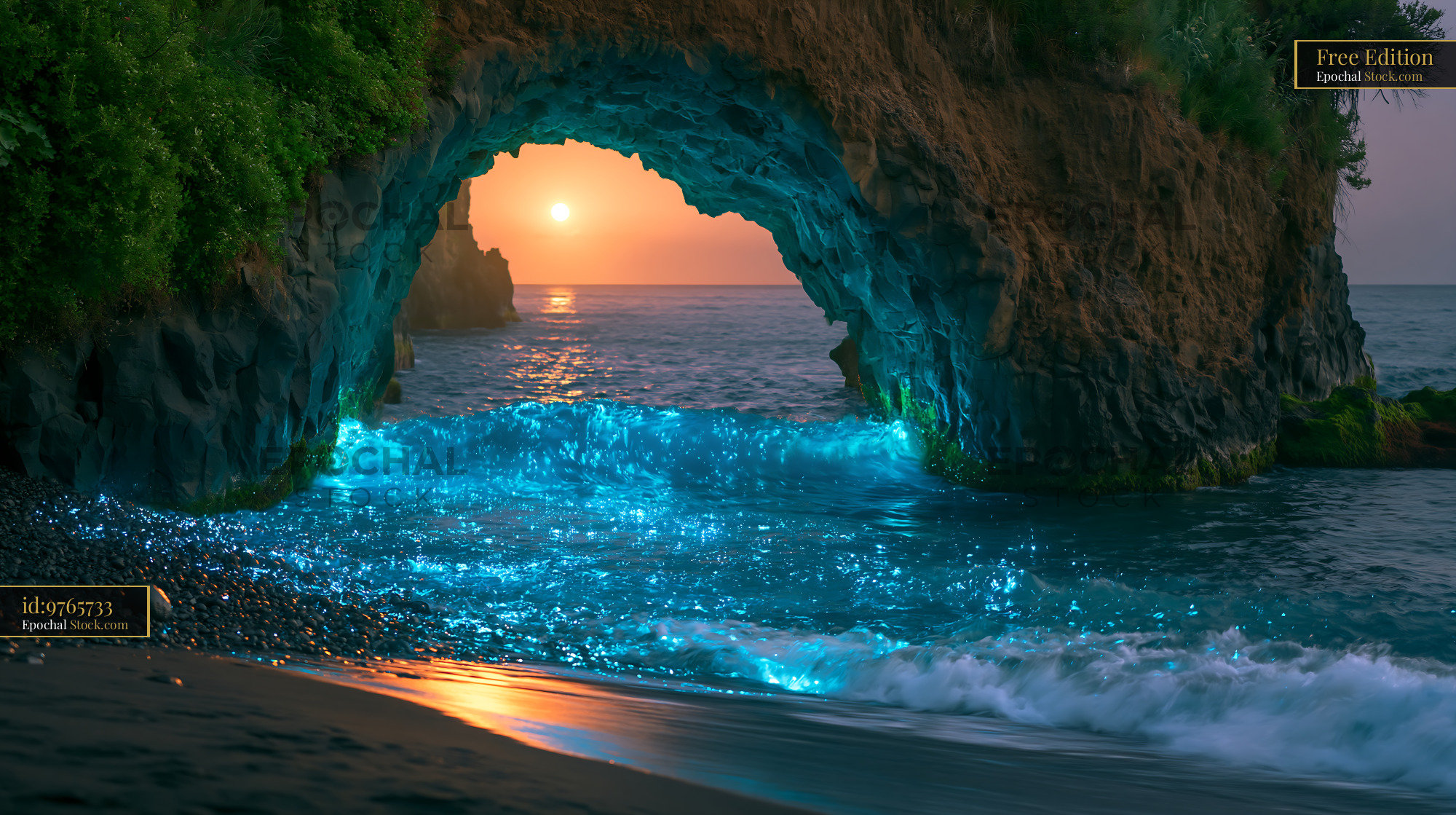 Bioluminescent waves in a volcanic rock arch at sunset in Azores - stock photo