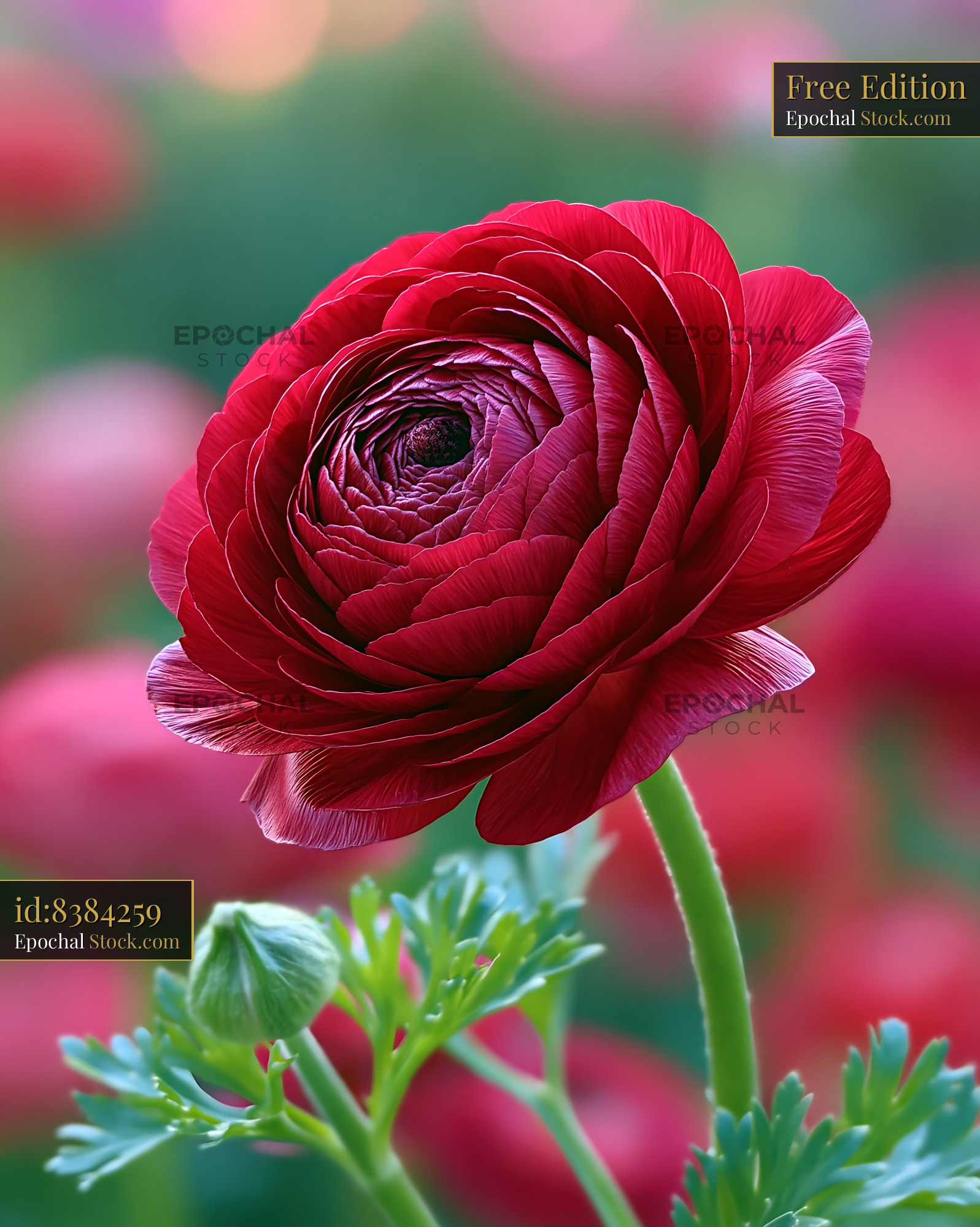 Vibrant red ranunculus flower blooming in a spring garden - stock photo