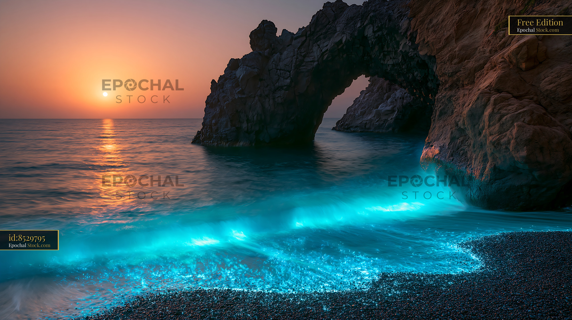 Bioluminescent waves at Ribeira Grande beach with volcanic sand - stock photo