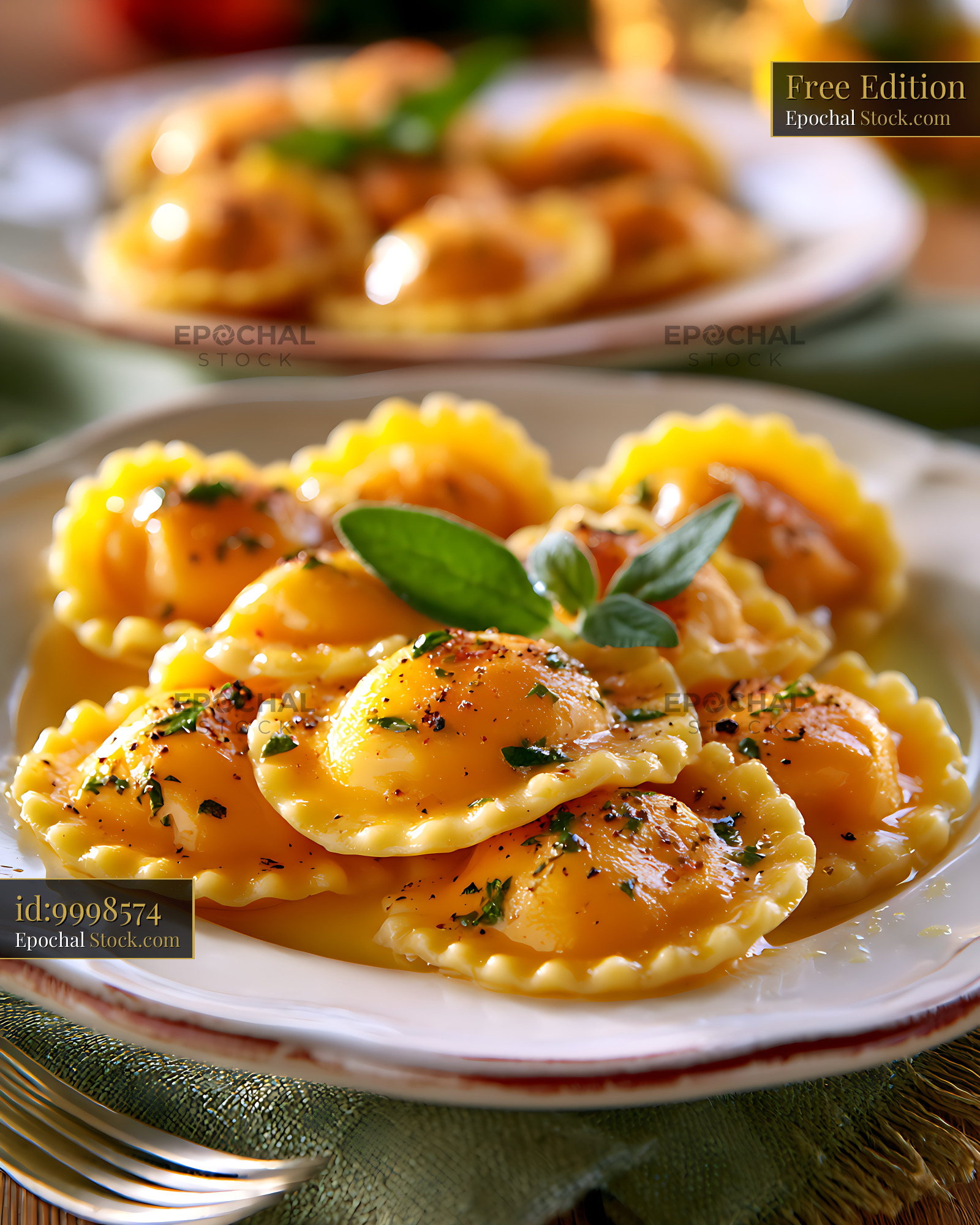 Tortelli di zucca pumpkin ravioli with butter and sage on a plate - stock photo