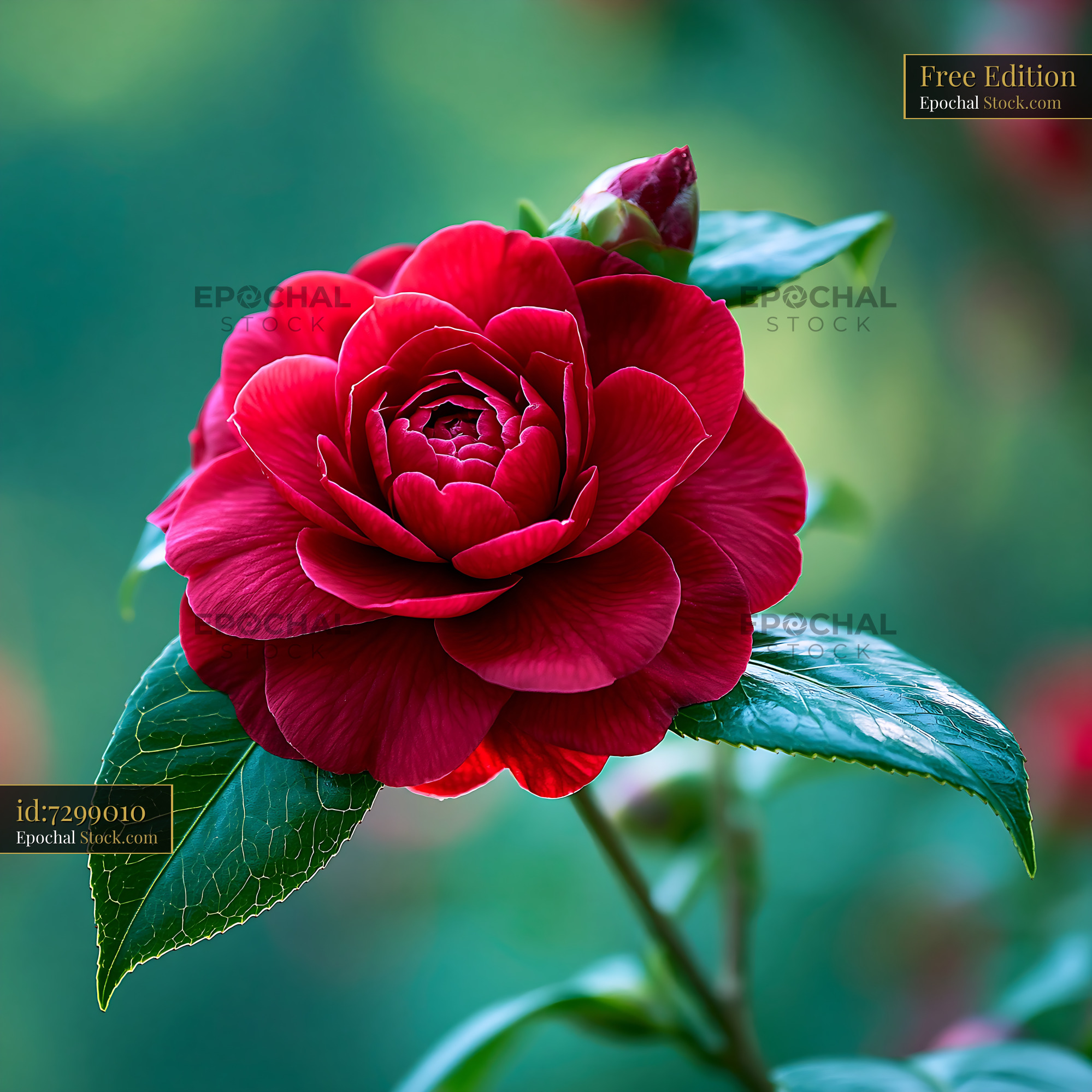 Red camellia flower with rose-like petals in a garden portrait - stock photo